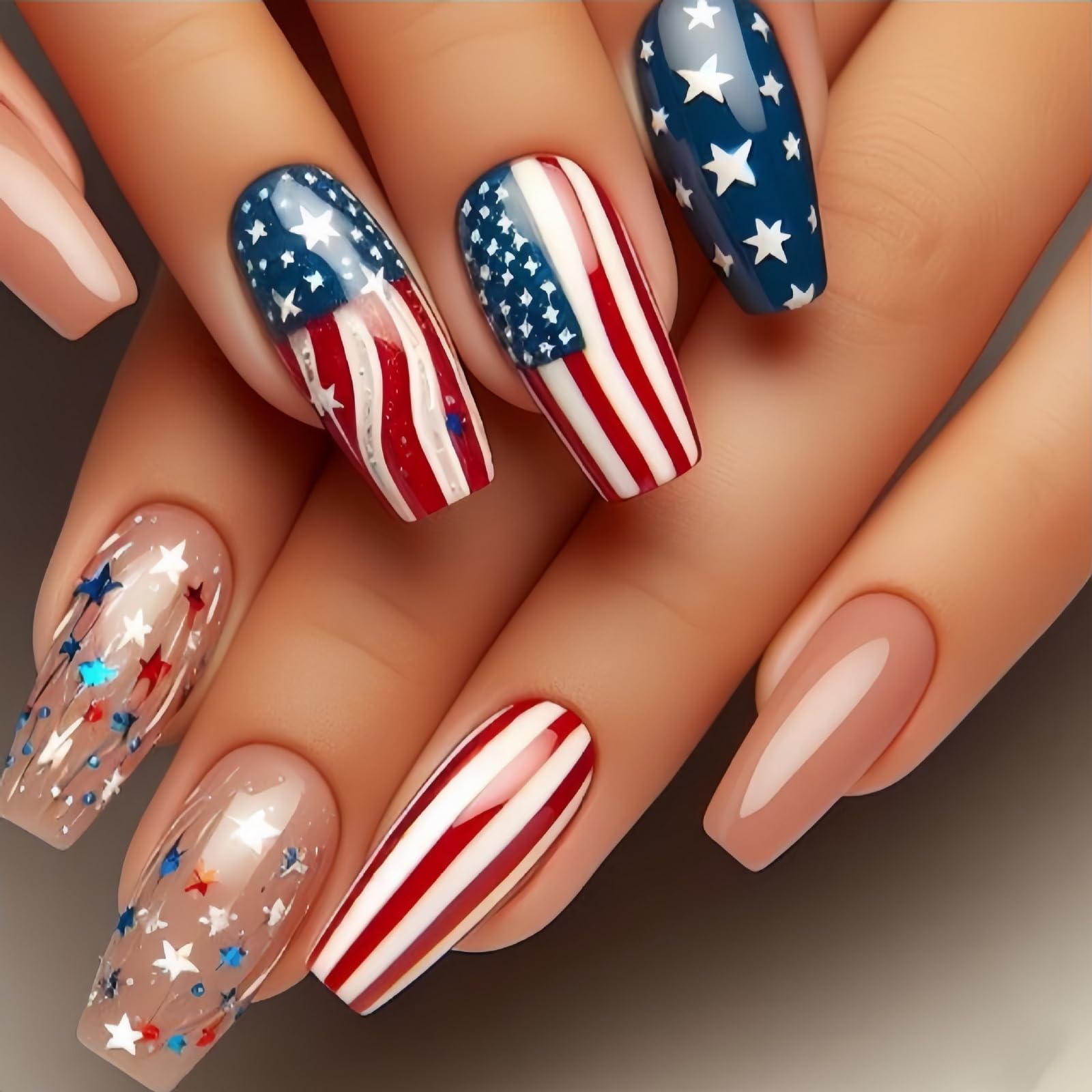 4th of July Press on Nails Medium Coffin MABKJLF Fake Nails False Nails with Stars Stripes Designs Full Cover Glossy Glue on Nails Blue Red White
