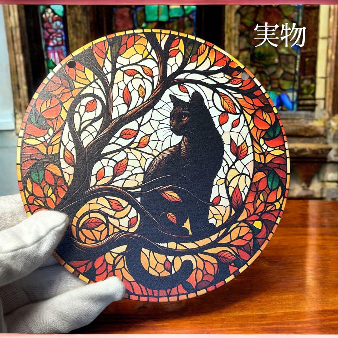 月と猫のステンド調アクリル表札＊クリスタルの様な輝き＊４辺４５度斜めカット＊ＵＶ 月と猫のステンド調アクリル表札＊クリスタルの様な輝き＊4辺45度