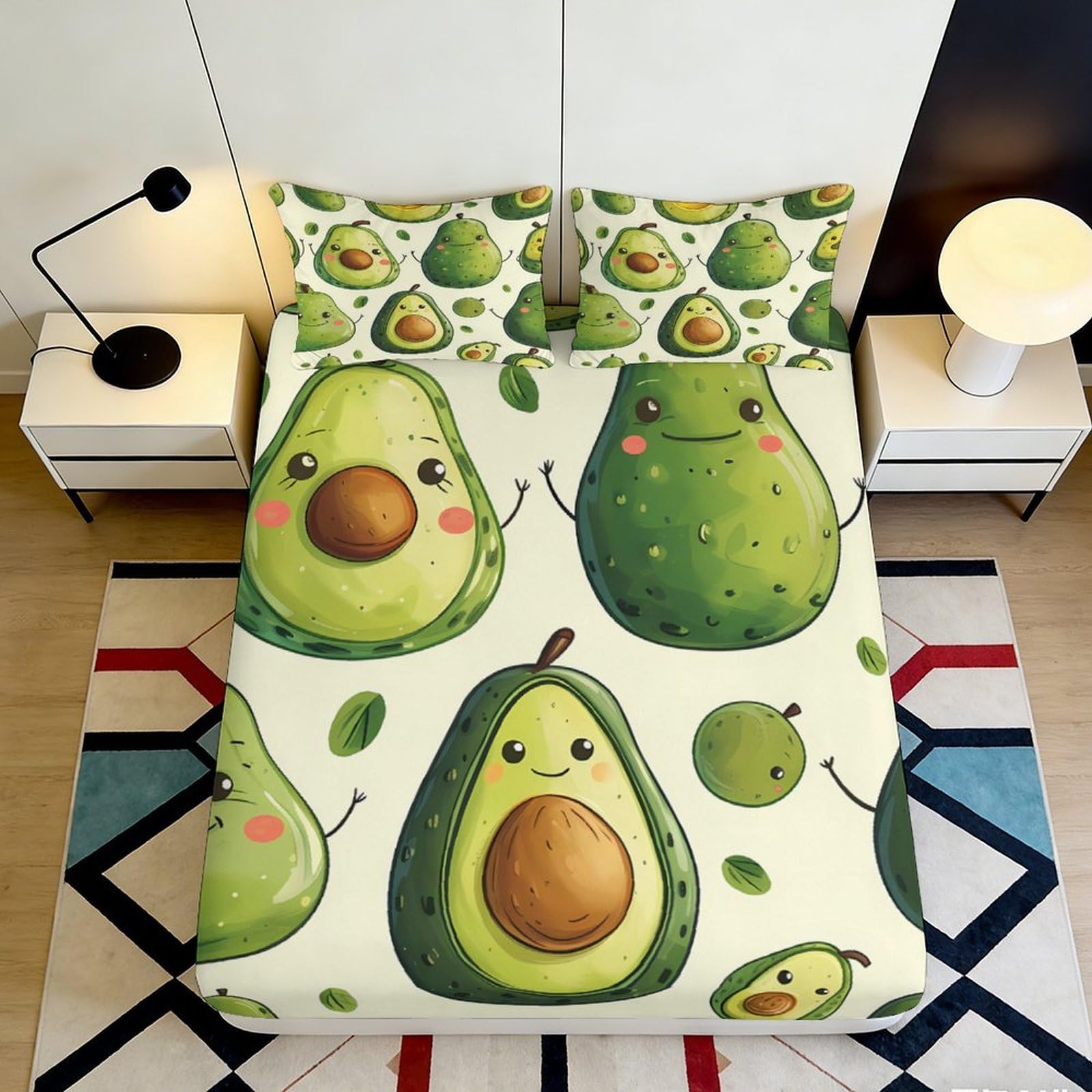 3D Printed Cute Avocado Fitted Sheet Microfiber Cartoon Fruit Mattress Cover Anti-Slip Machine Washable for Bedroom Dorm Decor 160x200x25cm