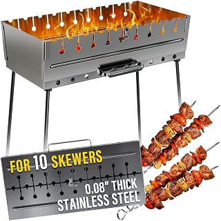 Stainless Steel Charcoal Grill for 10 Skewers – Portable BBQ 20.87"×11.81"×25.2" – Foldable Kabob Mangal – Durable Rustproof Grill for Picnic & Camping (Skewers Not Included) - Amazon product rated Grade A