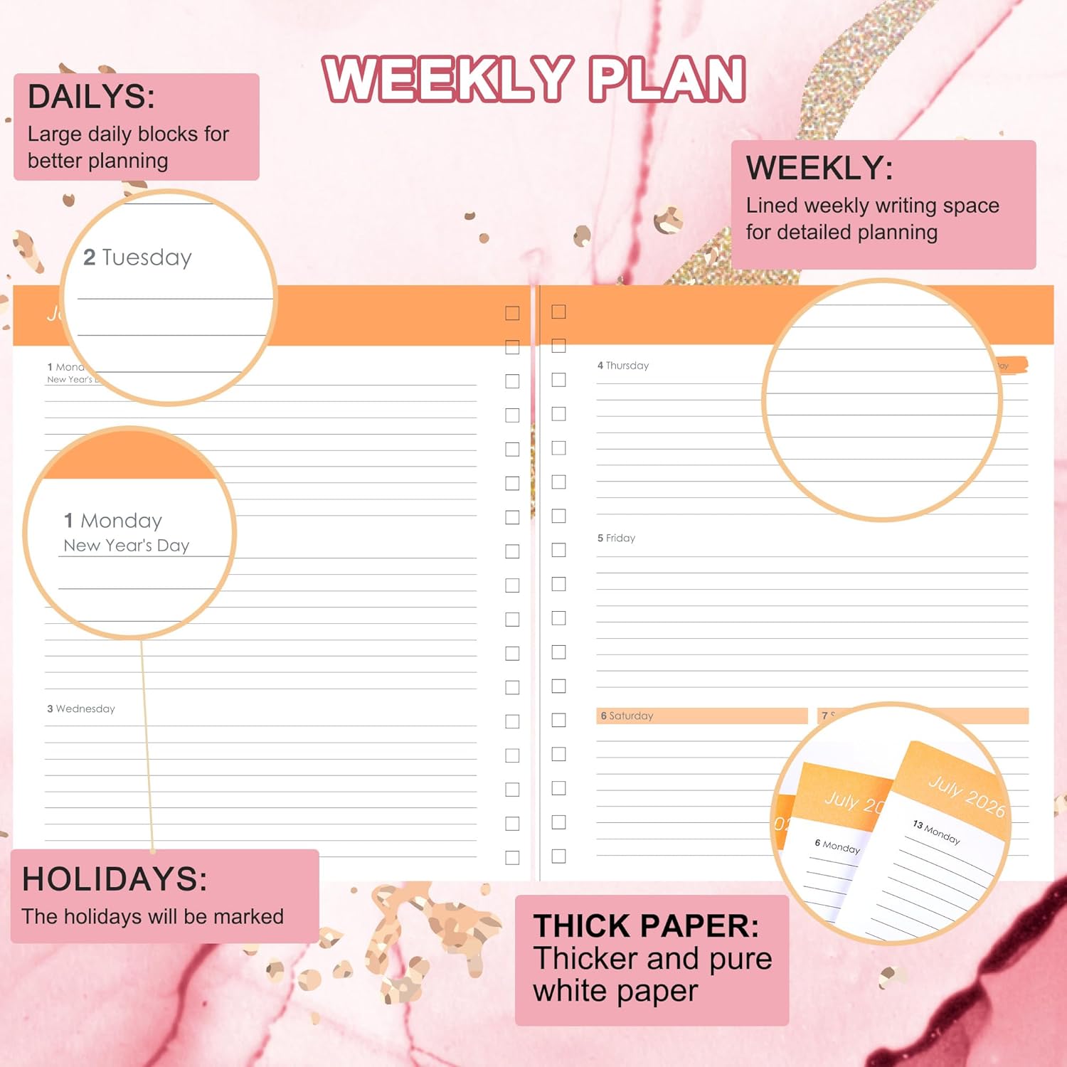 CAGIE 2026 Planner Weekly and Monthly Dec 2025–Dec 2026 Hardcover Planner with Pockets, 13 Month Large Pink Marble Calendar Planner with Stickers Tabs, Spiral Bound Yearly Calendar Planner​ for Women, 8.3" x 9.3"