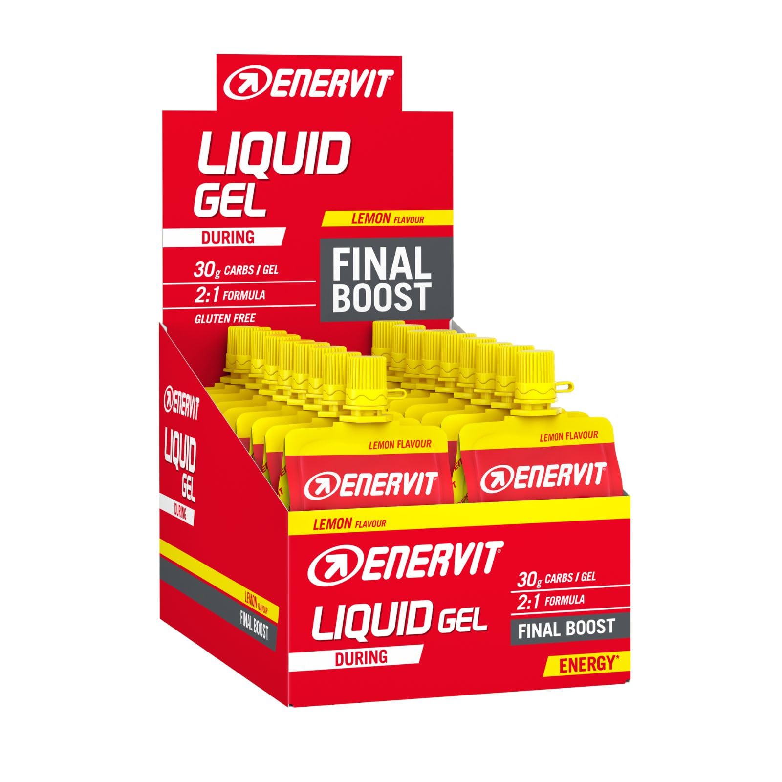 Enervit, Liquid Gel Limone, Gel Energetico con Maltodestrine, Per Sport ad Alta Intensità, 30g di Carboidrati, Tappo Richiudibile, Gusto Limone, VeganOK, Senza Grassi, Senza Glutine, 18 Pack da 60ml