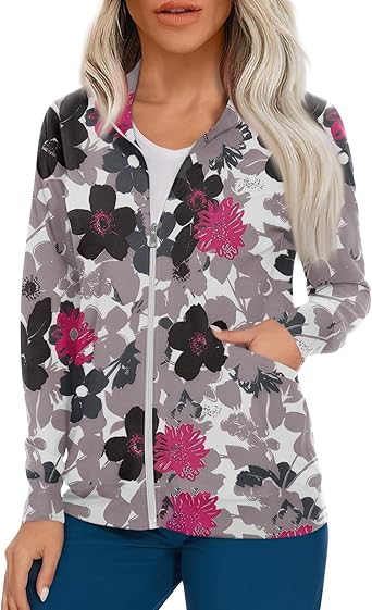 Scrub Jackets for Woman Zip Up Long Sleeve Tops Print Plus Size Womens Scrubs for Women Nursing Shirts with Pockets