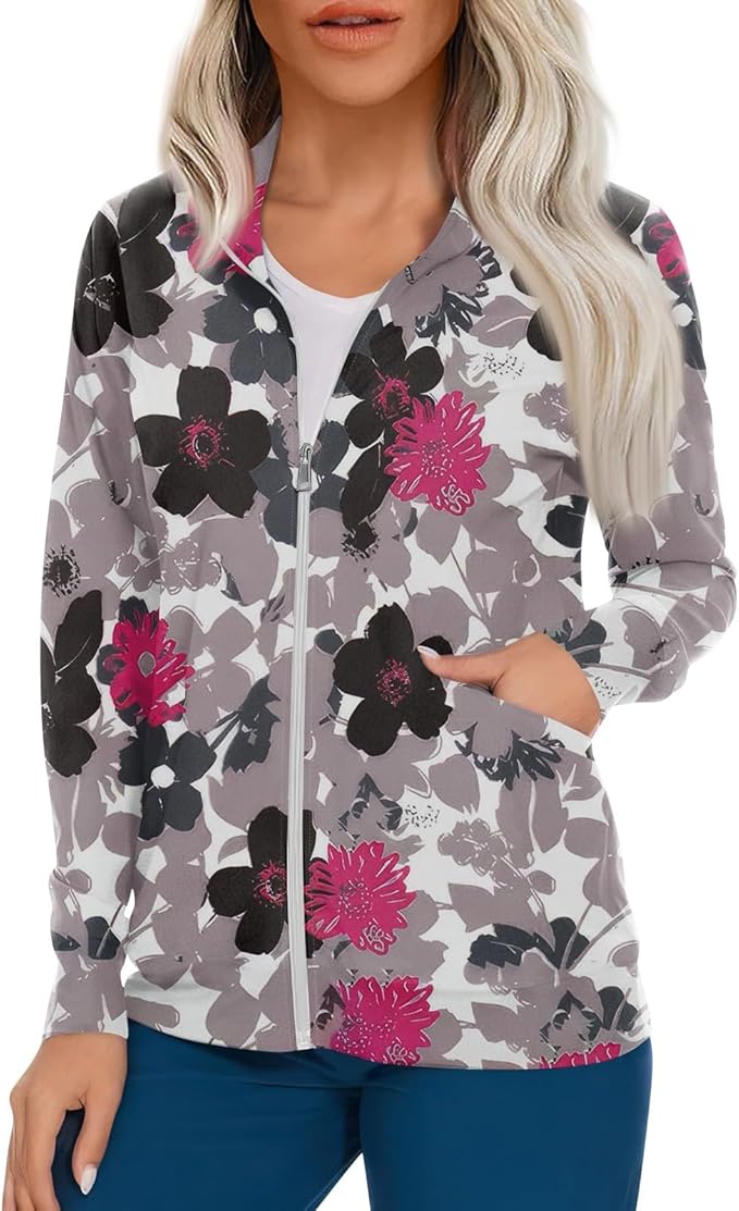 Scrub Jackets for Woman Zip Up Long Sleeve Tops Print Plus Size Womens Scrubs for Women Nursing Shirts with Pockets