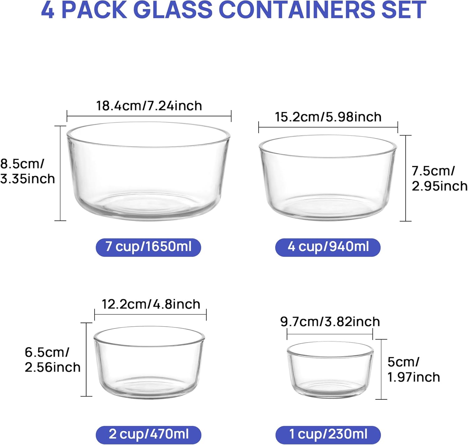 Vtopmart 4 Pack Glass Bowls with Lids (1, 2, 4, 7 Cup), Food Storage Containers, Meal Prep and Leftovers Keeper, Lunch Container, Microwave, Dishwasher & Freezer Safe - Image 2
