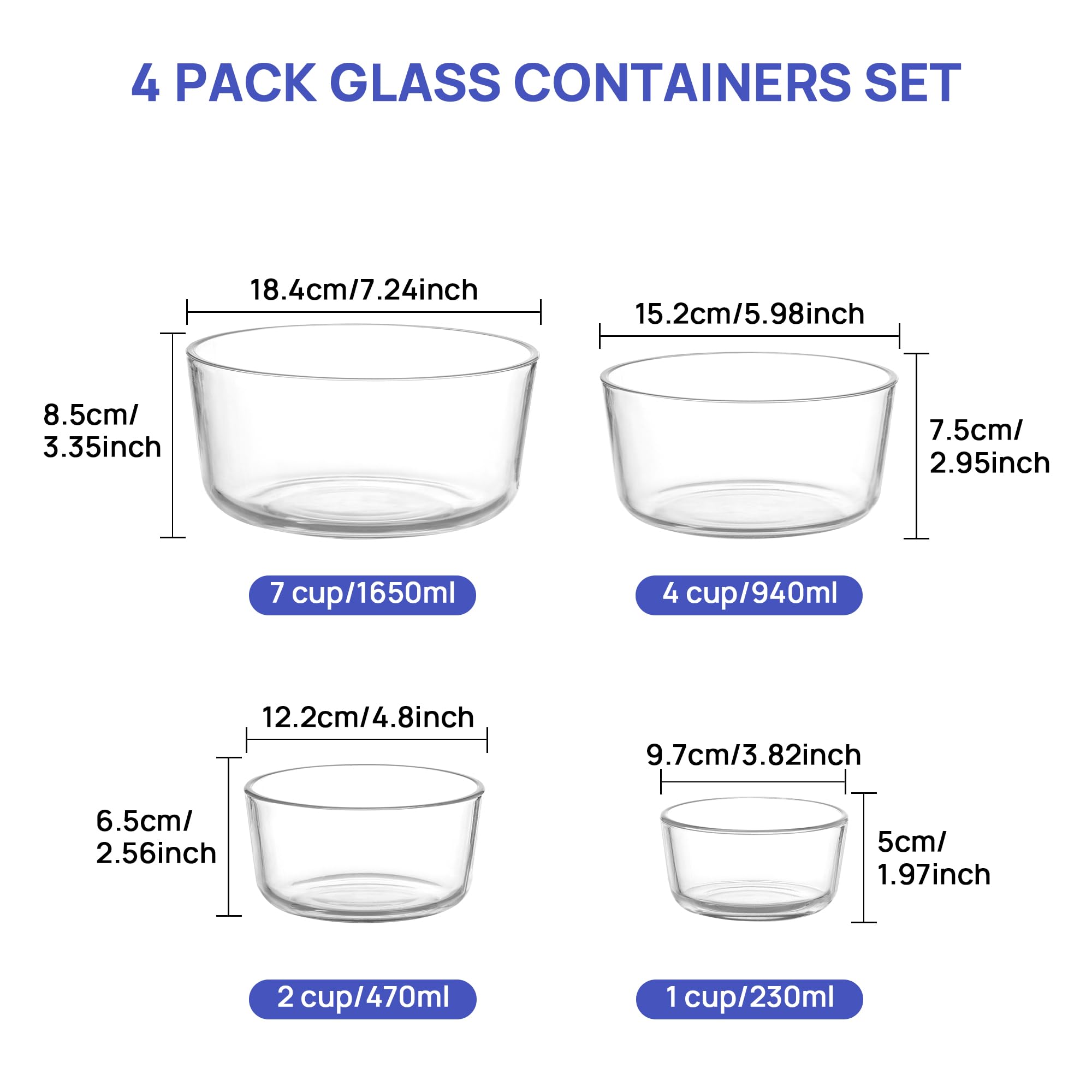 Paquete de 4 cuencos de vidrio con tapas (1, 2, 4, 7 tazas), recipientes de almacenamiento de alimentos, preparación de comidas y sobras, contenedor de almuerzo, apto para microondas, 2