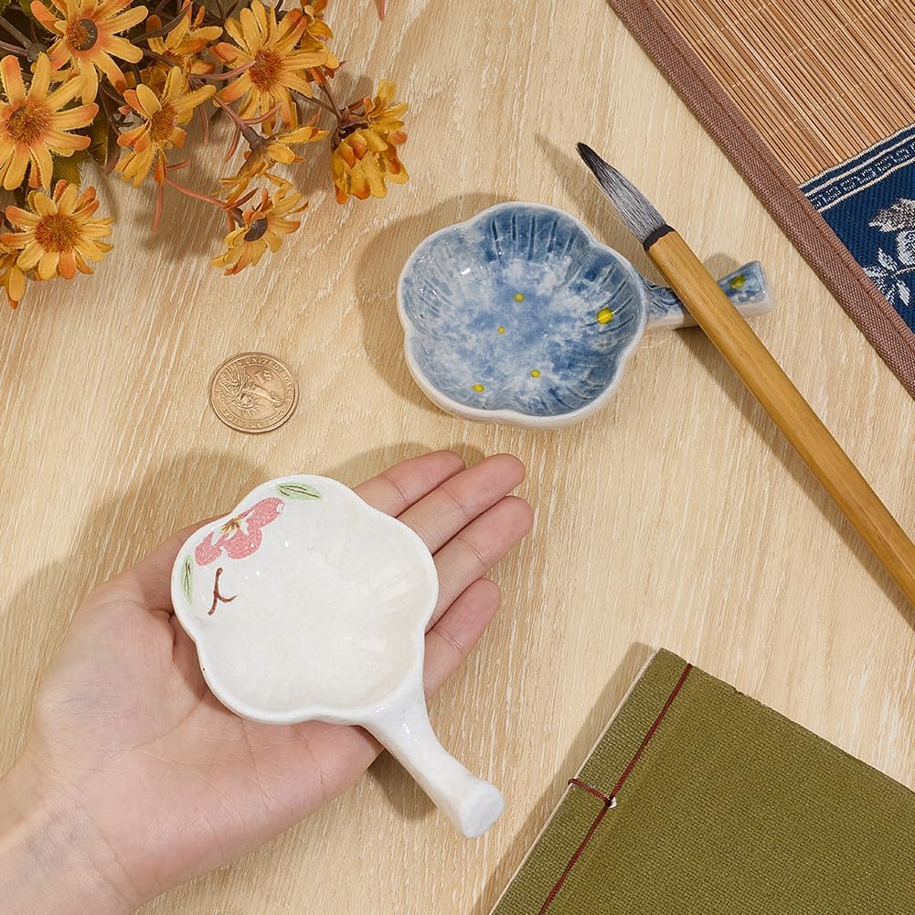 GORGECRAFT 2 Styles Ceramic Ink Plate Porcelain White Blue Peony Multifunctional Plum Blossom Chinese Calligraphy Inkwell Dish Bowl with Brush Rest Holder Handle for Writing Painting Japanese Practice