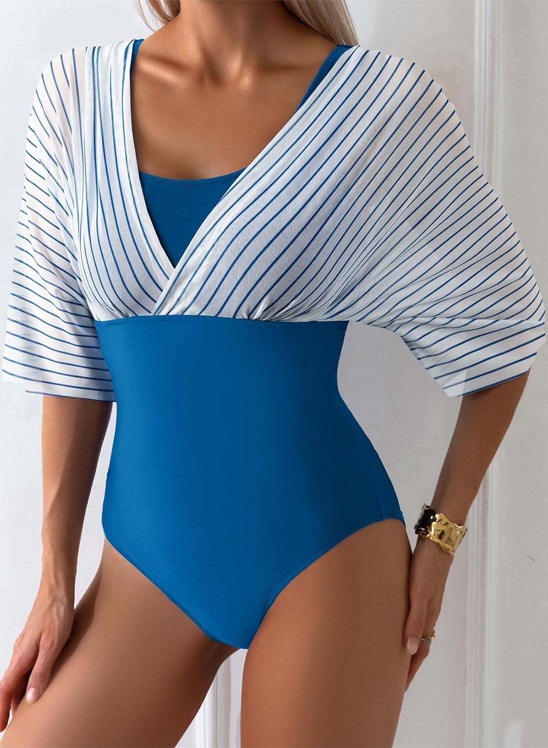 Aleumdr Women's One Piece Swimsuit Modest Tummy Control Bathing Suit V Neck Mesh Sleeve Slimming Swimwear Beachwear - Image 4