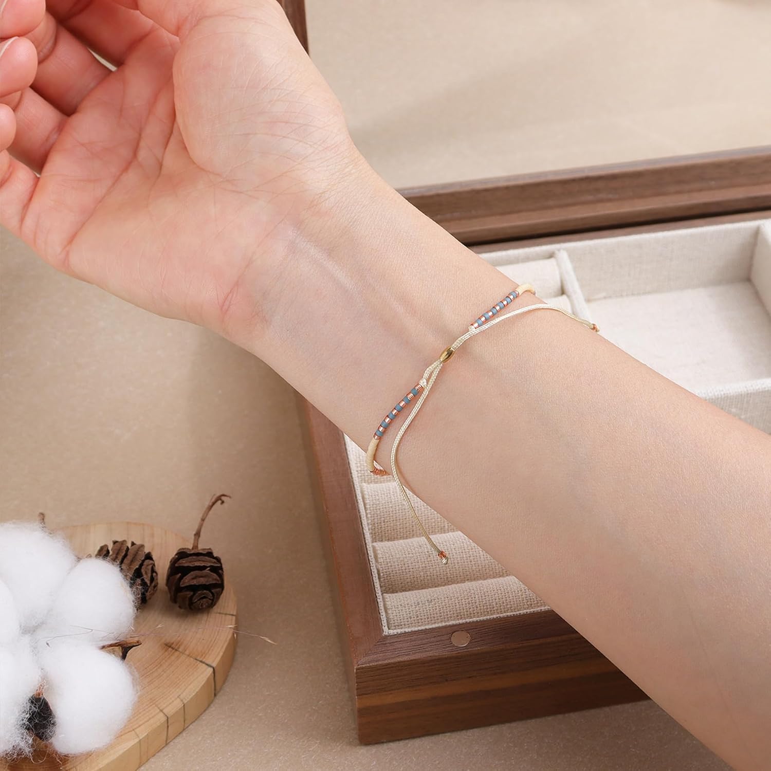 Boho Colorful Beaded Braided Stackable Bracelets for Women, Dainty Handmade Gold Beads Adjustable Beige String Rope Slider Bracelet Friendship Holiday Jewelry Gift - Image 3