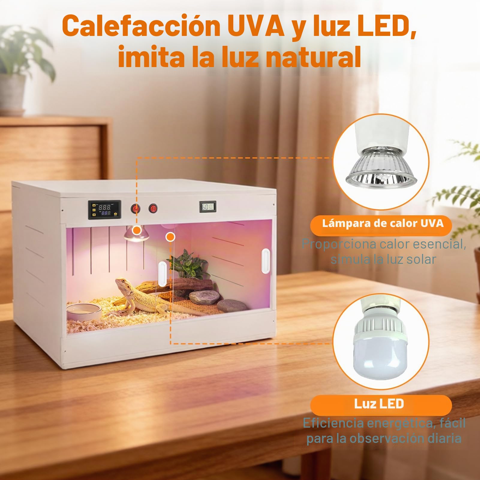 Caja Criadora de Pollitos 96L con Calefacción UVA y Control Temperatura | Calentadora Pollitos, Terrario Reptiles con Lámpara LED y Puerta Corredera, para Geckos, Lagartos, Tortugas y Aves Pequeñas