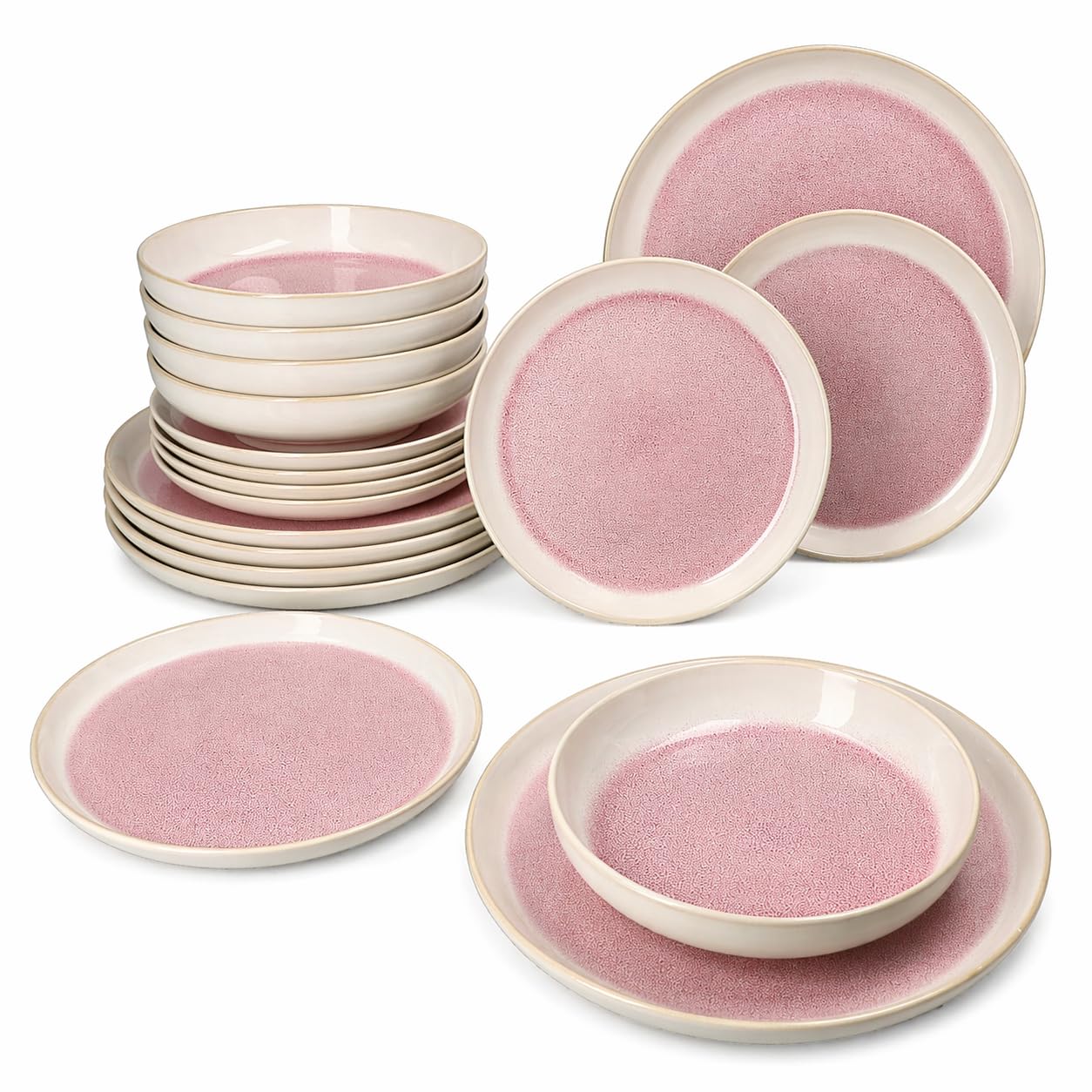 MamboCat 18tlg Tellerset Reactive Glaze Paris I Creme & Pink I Steingut-Geschirr für 6 Personen I je 6X Speiseteller, Suppenteller 400 ml & Kuchenteller