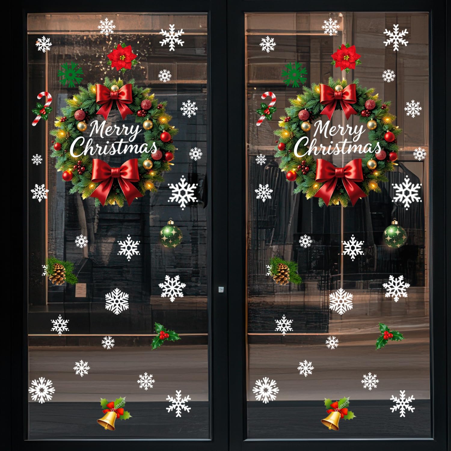 IMISHM 8 Sheet Christmas Wall Stickers Removable Wreath Window Decorations Wreath Glass Decals for Door Christmas Door Stickers for Xmas Party Decorations