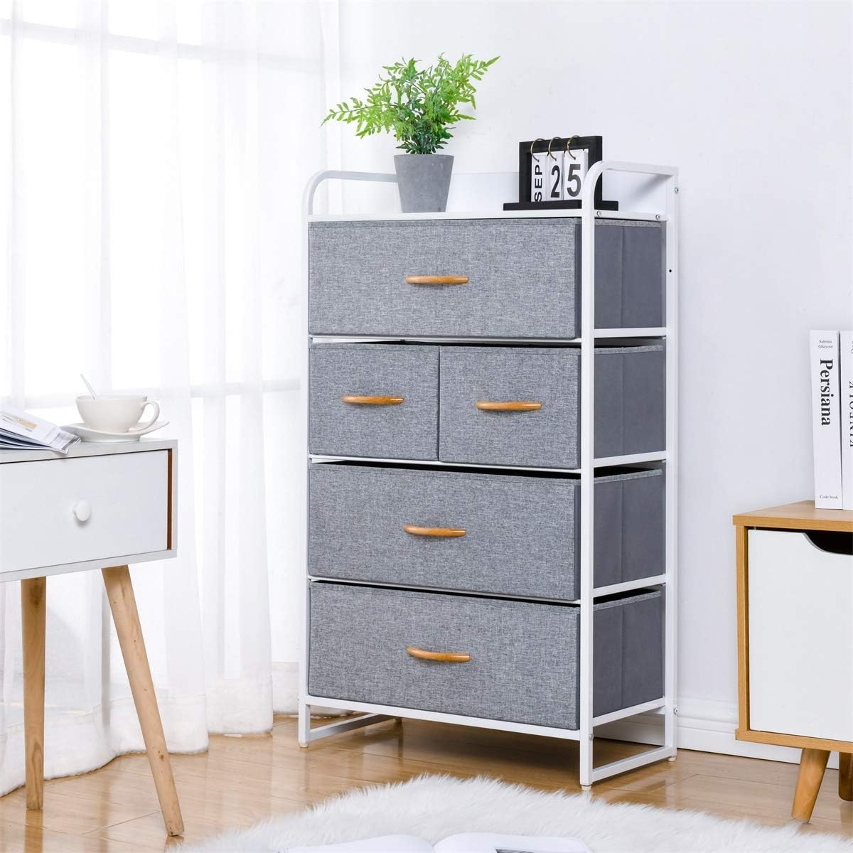 Kamiler 5-Drawer Dresser, 4-Tier Storage Organizer, Tower Unit for Bedroom, Hallway, Entryway, Closets - Sturdy Steel Frame, Wooden Top, Removable Fabric Bins(White)