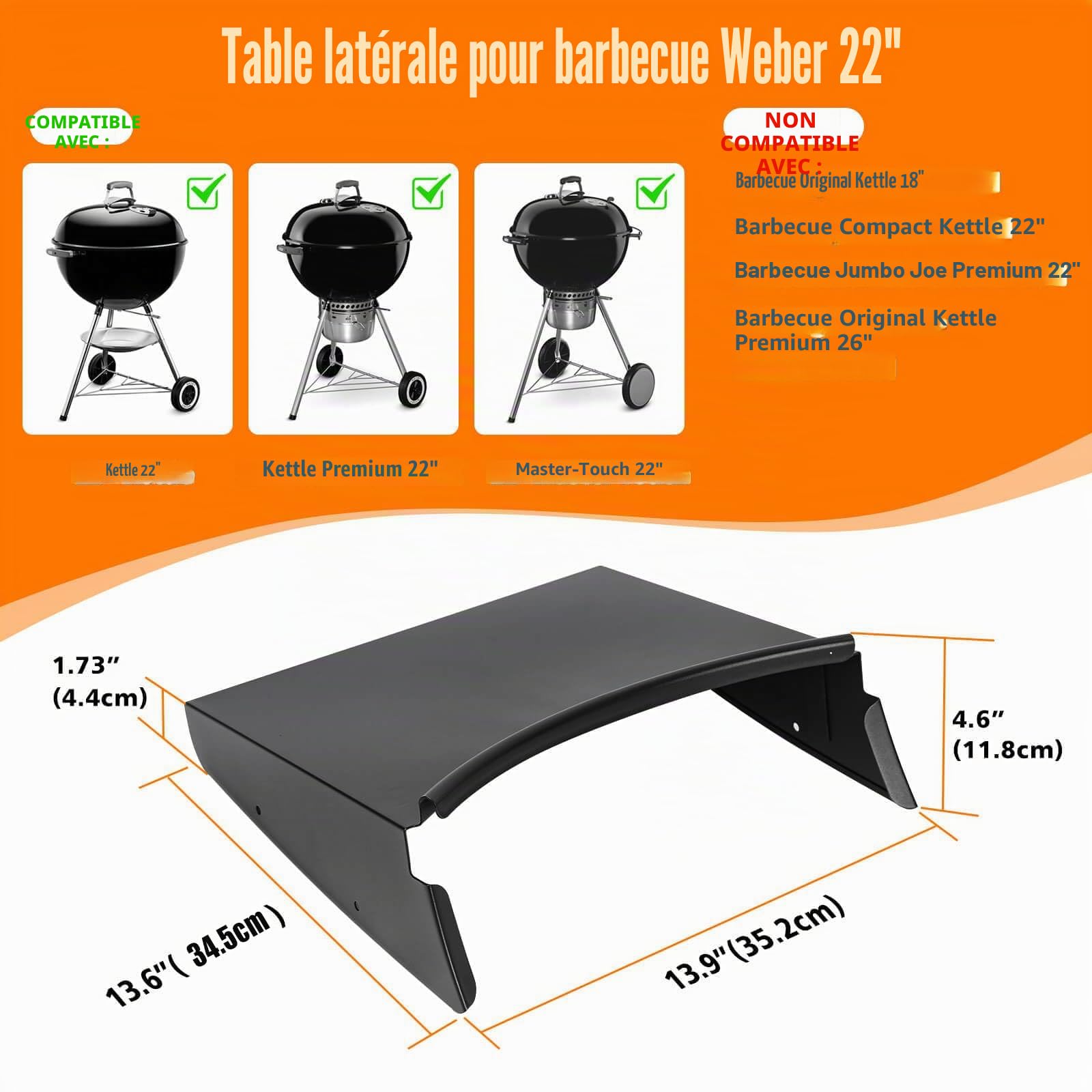 Étagère de table pour barbecue Weber Kettle Grills 57 cm Étagère Master Touch 57 cm Accessoires Premium Original Charbon Grills 55,9 cm