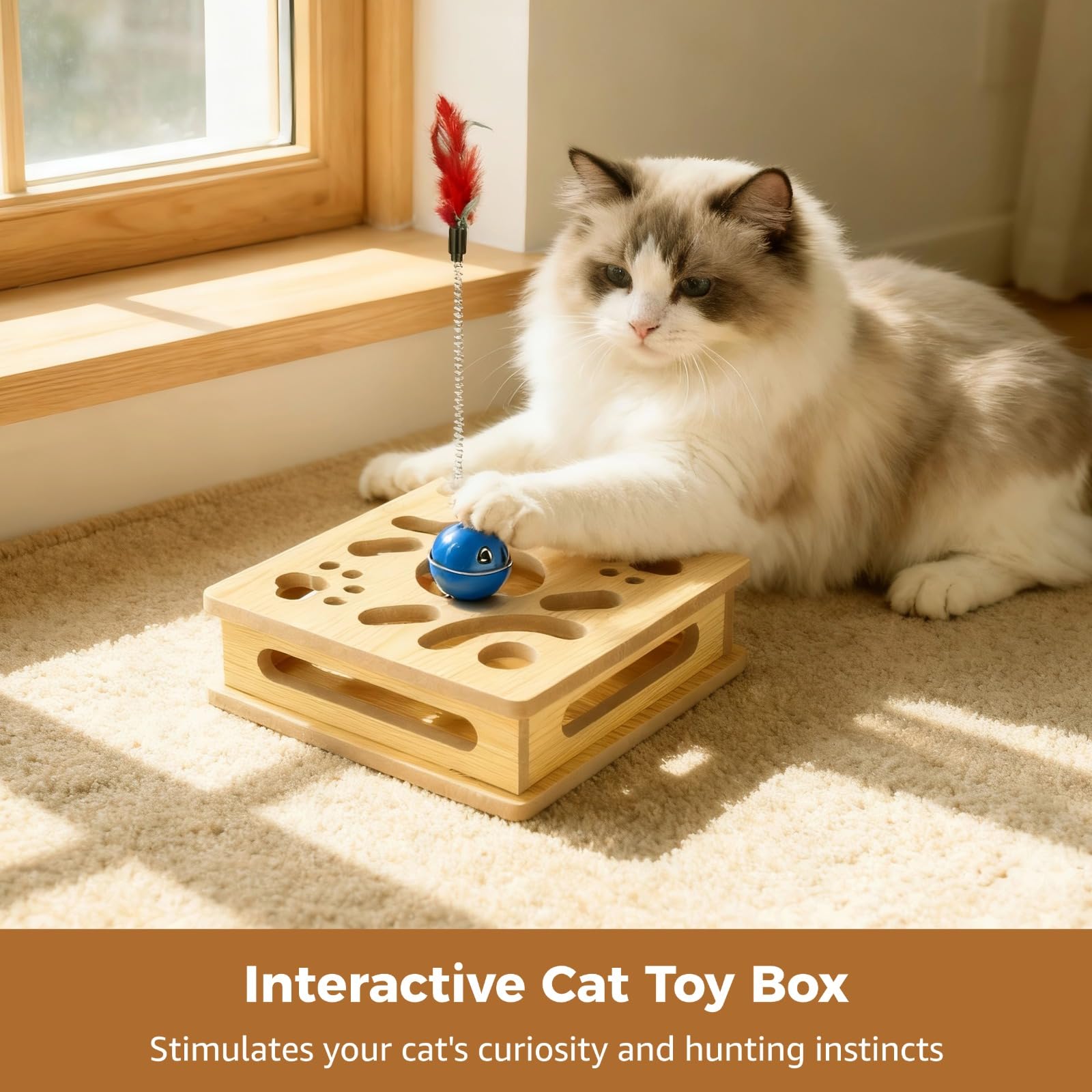 Generisch Interaktive Katzen-Spielbox aus Holz mit 3 Glockenbällen und 1 Federangel, Labyrinth-Design, REGT Jagdinstinkte an, vertreibt Langeweile, für Katzen und Kätzchen im Haus
