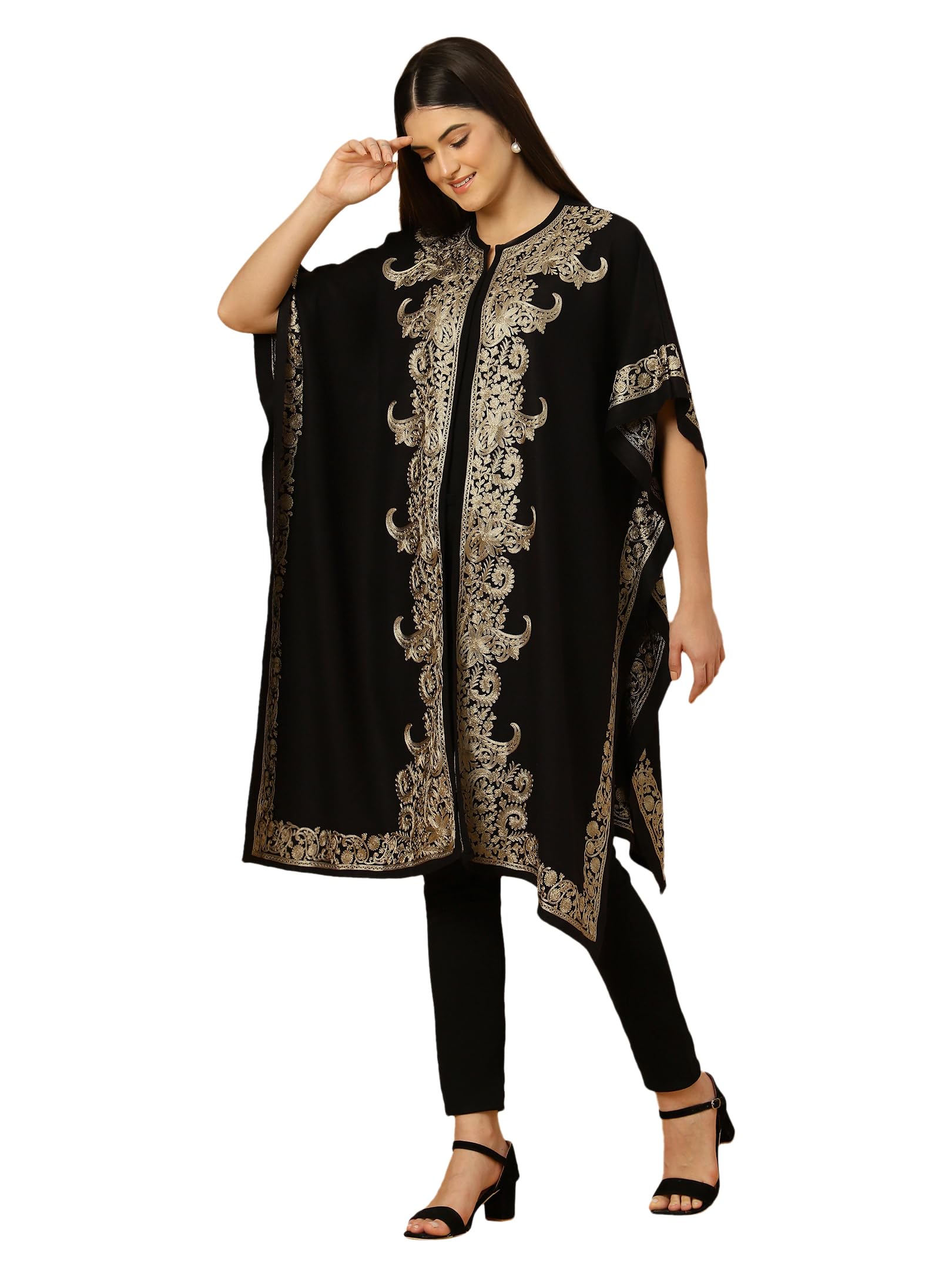 Kashmiri Aari Embroidered Pheran Shrug for Women with Border Embroidery, Handcrafted Woolen Poncho-image-13