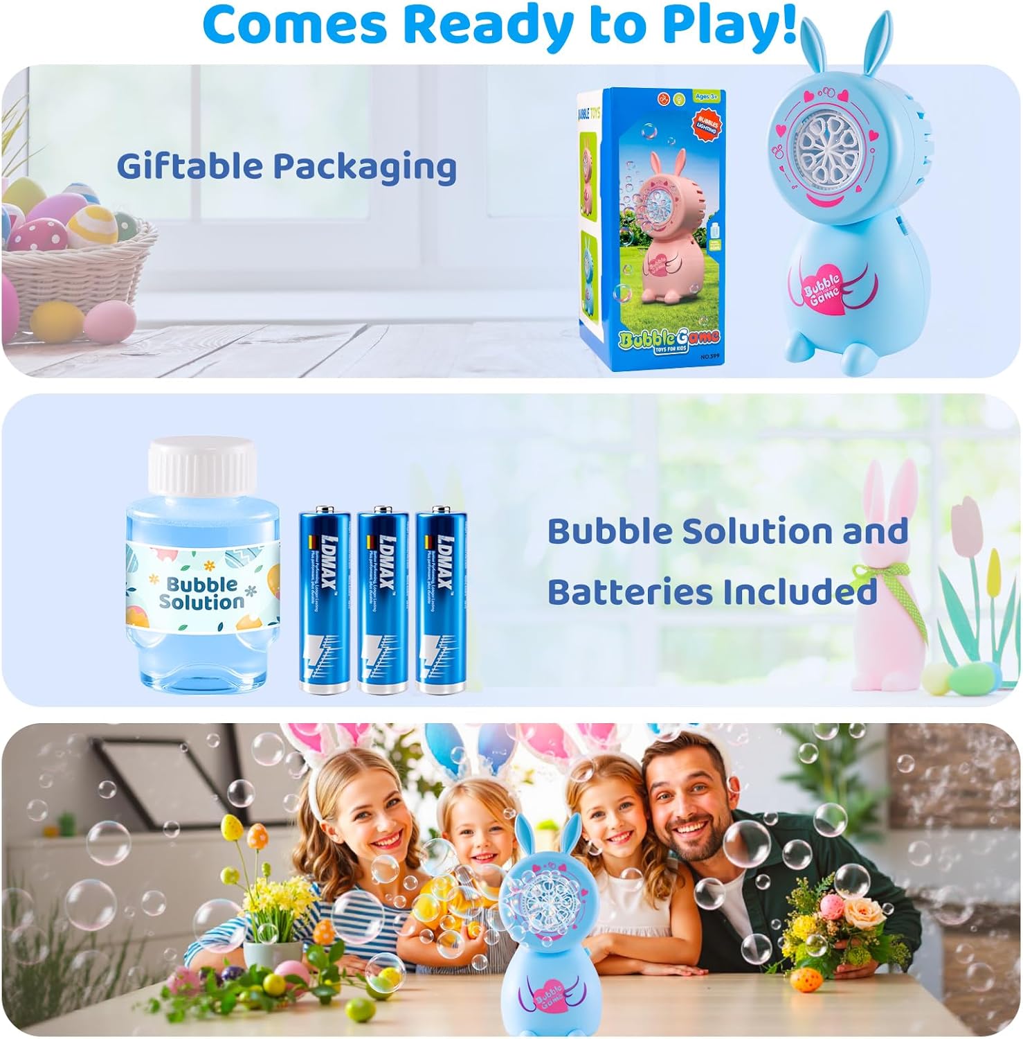 Automatic Bubble Machine for Toddlers 1-3: Bunny Bubble Maker Blower for Party Easter Basket Stuffer Birthday Gifts - Kids Outdoor Toys for 4 5 6 Year Old Boy Girl Blue