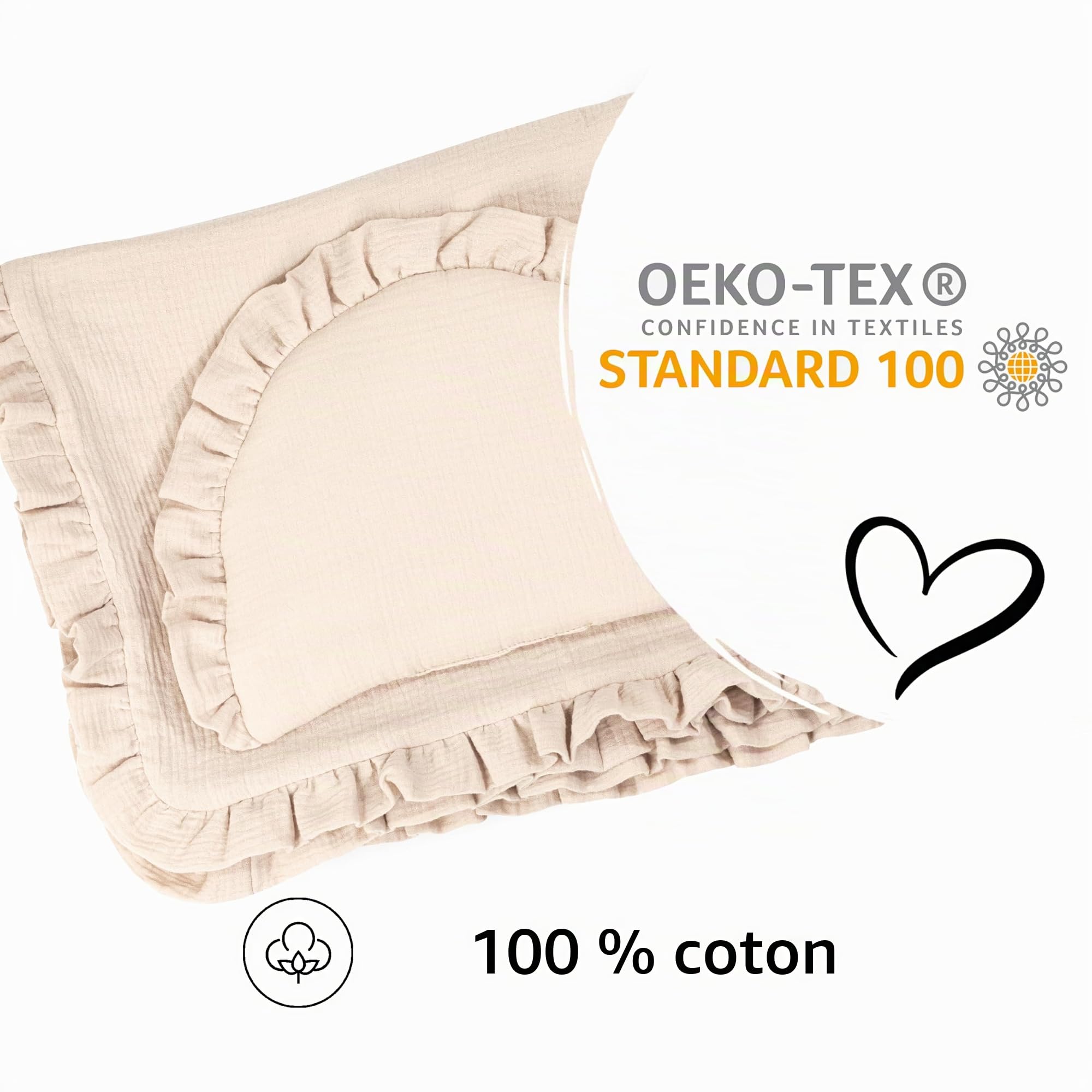 PinkZebra Parure de lit en mousseline avec volants pour bébés nouveau-nés, douce taie d'oreiller plate + couverture 4 épaisseurs en 100% coton bio, Beige