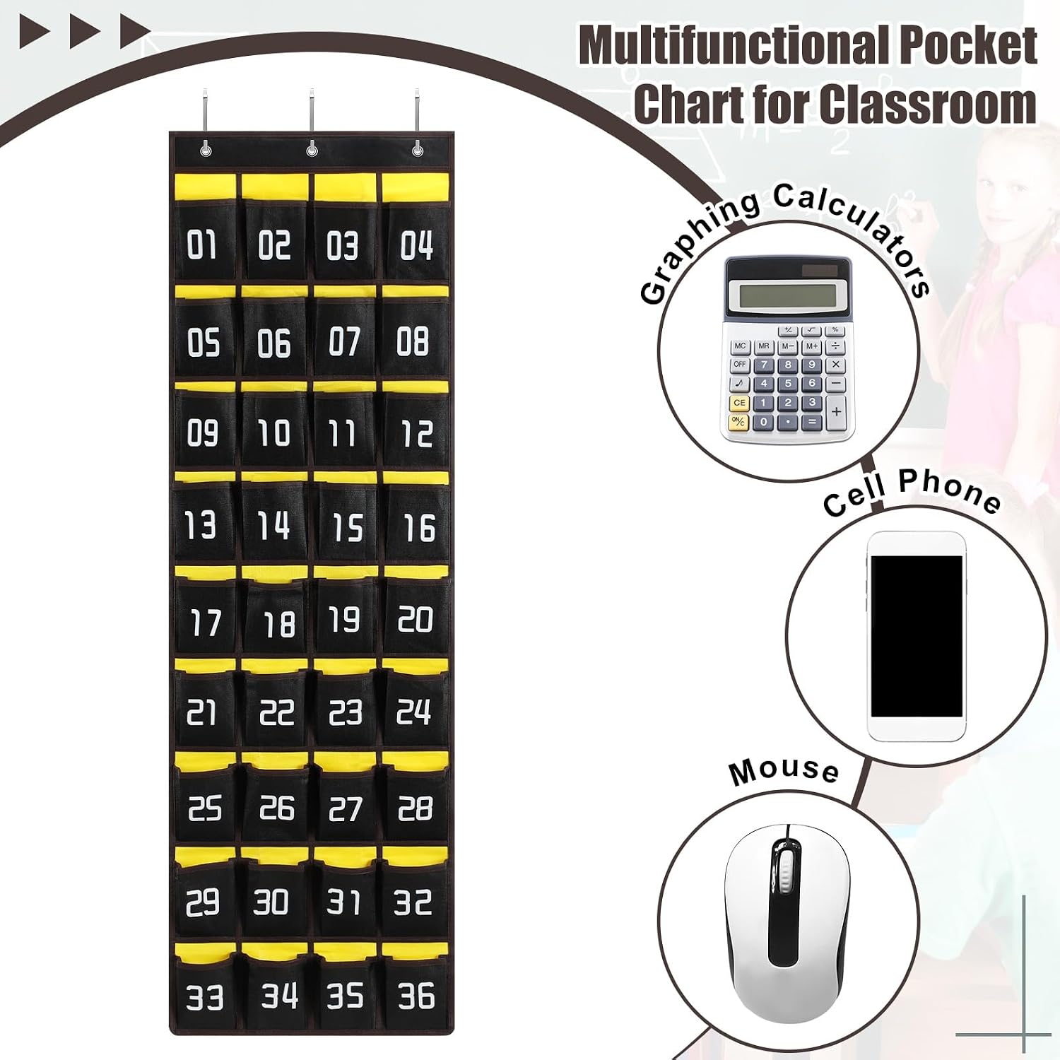 Fullhawl 36 Numbered Narrow Pocket Chart Cell Phone Pocket Holder for Classroom Sundries Closet Hanging Organizer Wall Door Holder for Calculator Storage Office Organization Supplies(Black,Yellow) image 3
