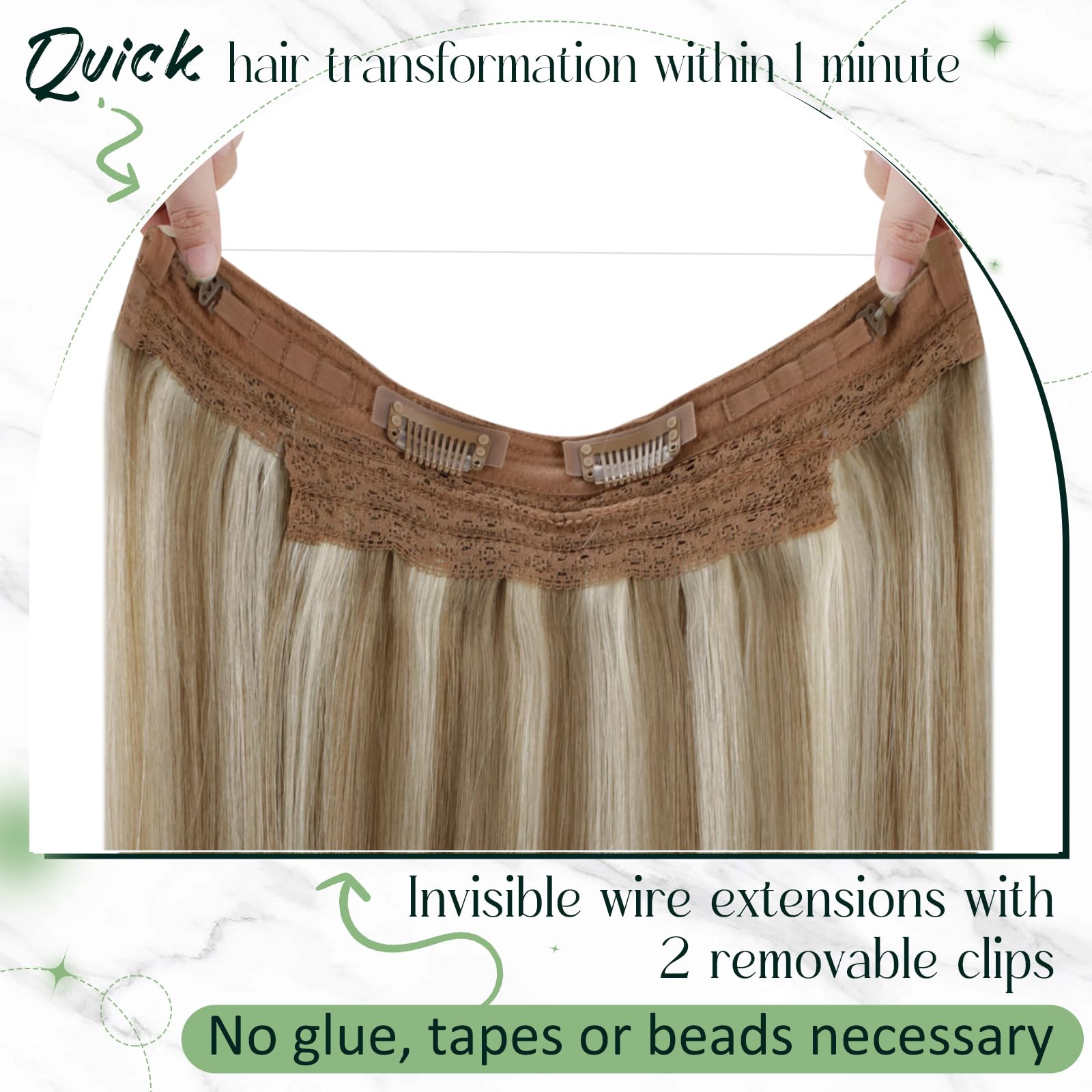RUNATURE Blonde Invisible Wire Hair Exensions Real Human Hair Blonde Highlight Brown One Piece Fish Line Hair Extensions Human Hair Straight Invisible Wire Hair 14 Inch 70g - Image 4