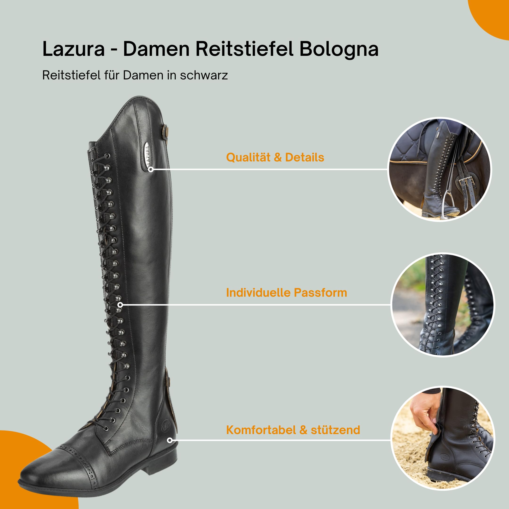 Lazura - Damen Reitstiefel Bologna in Braun oder Schwarz | Lederstiefel Mit Schnürung Vorn & Reißverschluss Hinten | Polo Reitstiefel | Größen 36-42