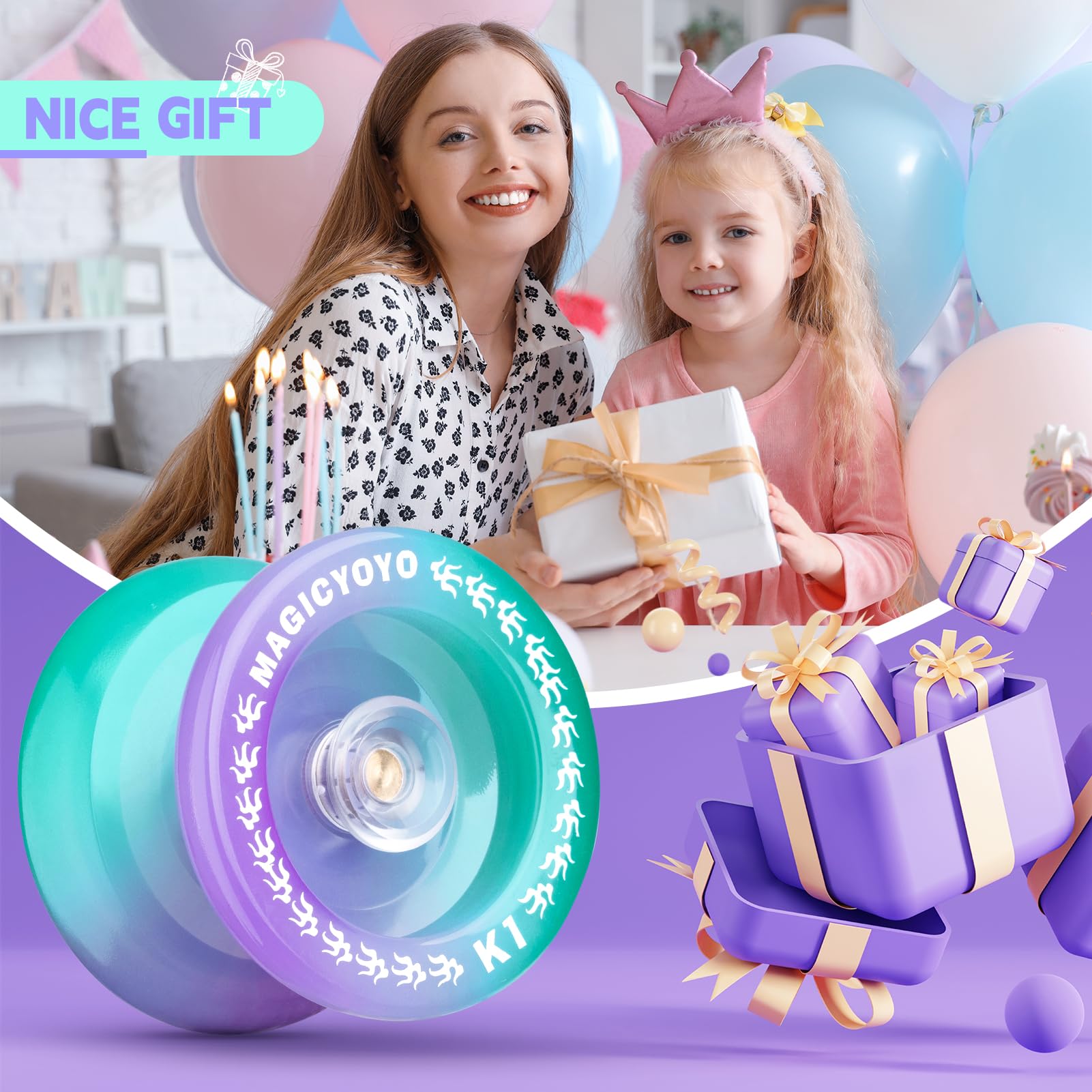 YOSTAR Jojo Children's K1 Plus Purple Green Automatic Jojo with Idle Trick Jojo Professional Jo Yo for Children, Plastic Yoyo Responsive Yo-Yo with 12 Yoyo Cord + Jojo Glove + Jo Jo