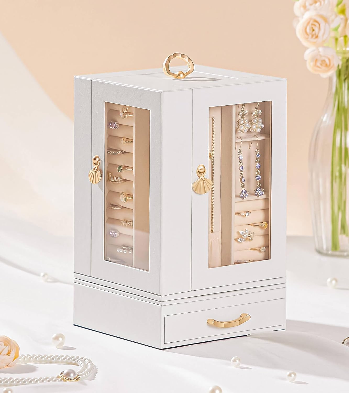 Jewelry Box large for Dresser: Women Necklace Ring Storage Organizer with Compartments - Elegant Earring Holder Display (White) - Image 2