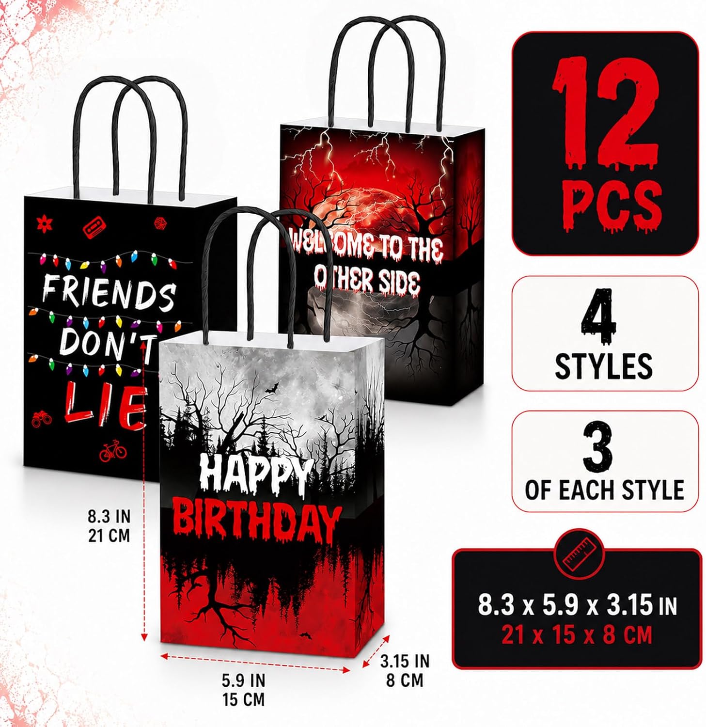 12 Pcs Horror Forest Party Favor Bags Horror Birthday Party Supplies Spooky Alphabet Paper Gift Bags with Handles Colorful Light Bulbs Goodie Treat Candy Bag for Fans Scary Birthday Decorations image 2