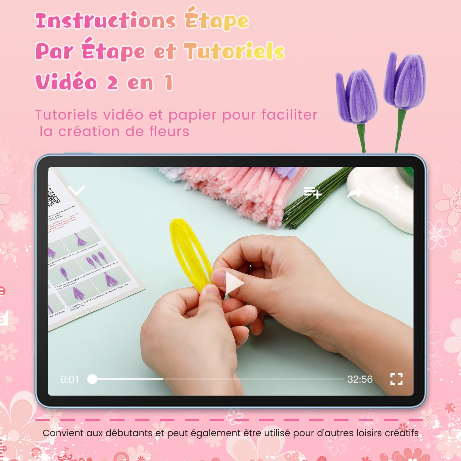 Fil Chenille Kit Bouquet 8 Couleurs Assorties Cure Pipes Pour Faire Des Fleurs Fils Chenille Loisir Creatif Fournitures DIY Enfants Adultes Bouquet Créatif Décoration Jouets Cadeaux, Tulipe