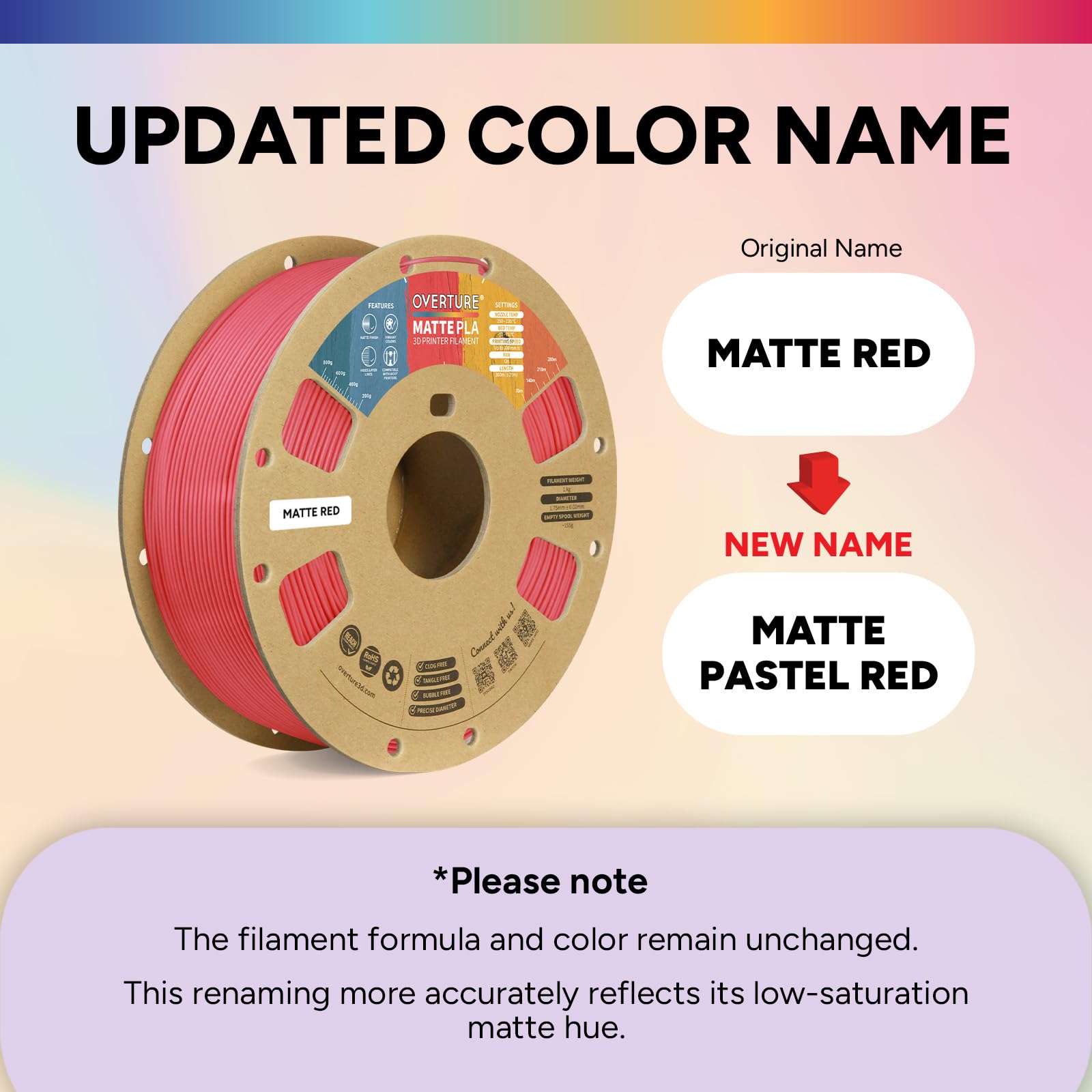 OVERTURE Filamento Matte PLA 1.75mm, 1kg Bobina (2.2lbs) Opaco PLA Filamenti per Stampante 3D, Neatly Wound Filamento Precisione Dimensionale +/- 0.02 mm, Matte Pastel Rosso