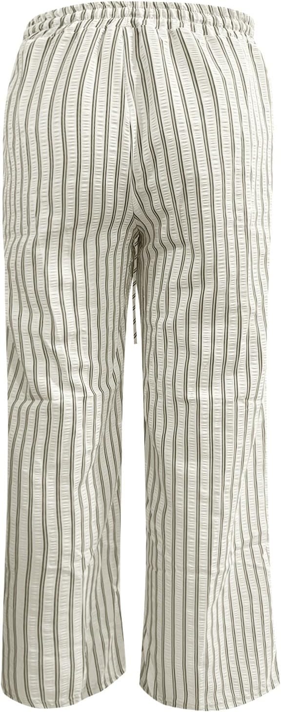 Women's Striped Wide Leg Beach Pants Drawstring Waist Lightweight Casual Flowy Palazzo Lounge Trousers with Pockets