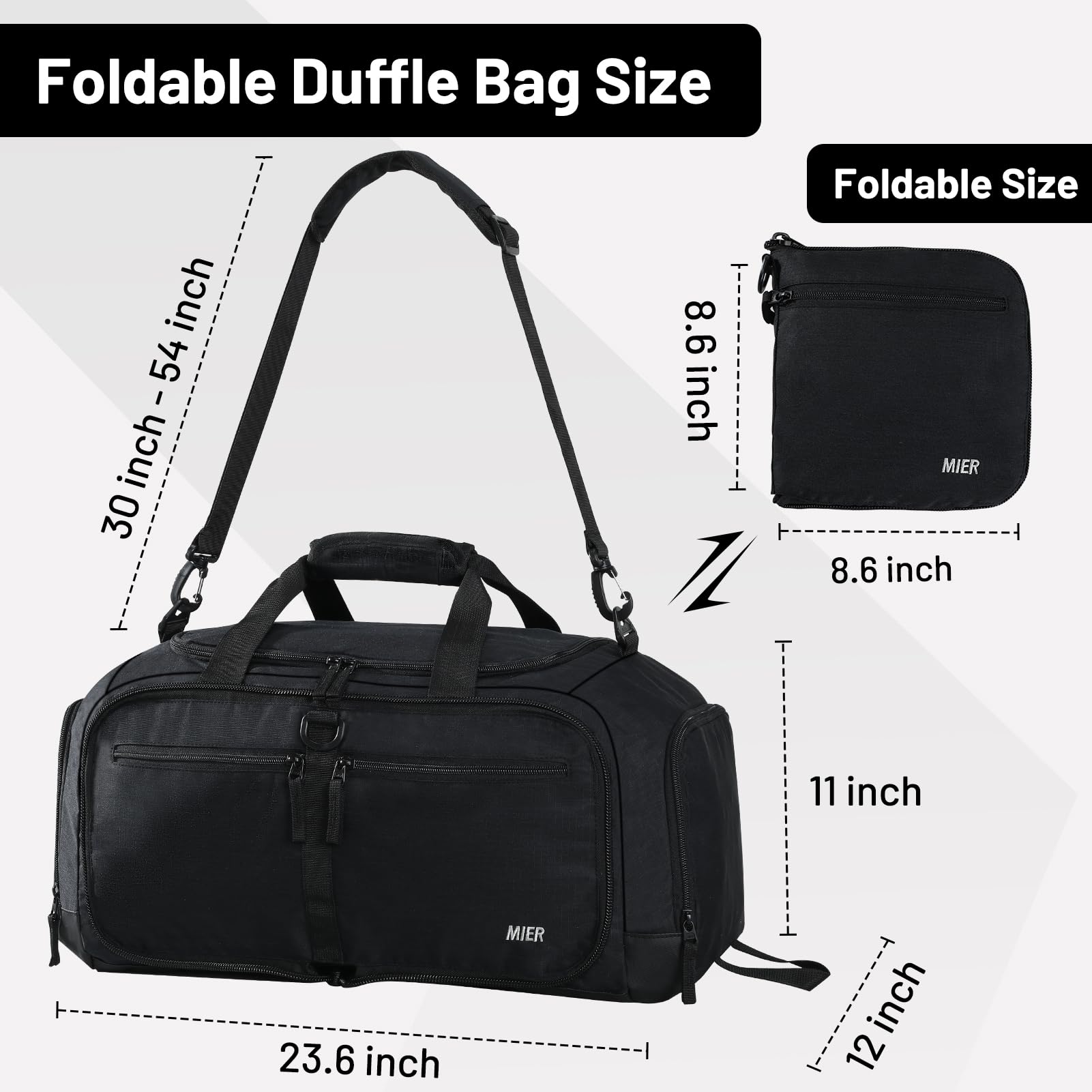 MIER Faltbare Reisetasche mit Schuhfach, 50 l, Reisetasche für Männer und Frauen, verstaubare Übernachtungstasche für Camping, Fitnessstudio, Wochenende, Schwarz, 50L, Faltbare Reisetasche mit