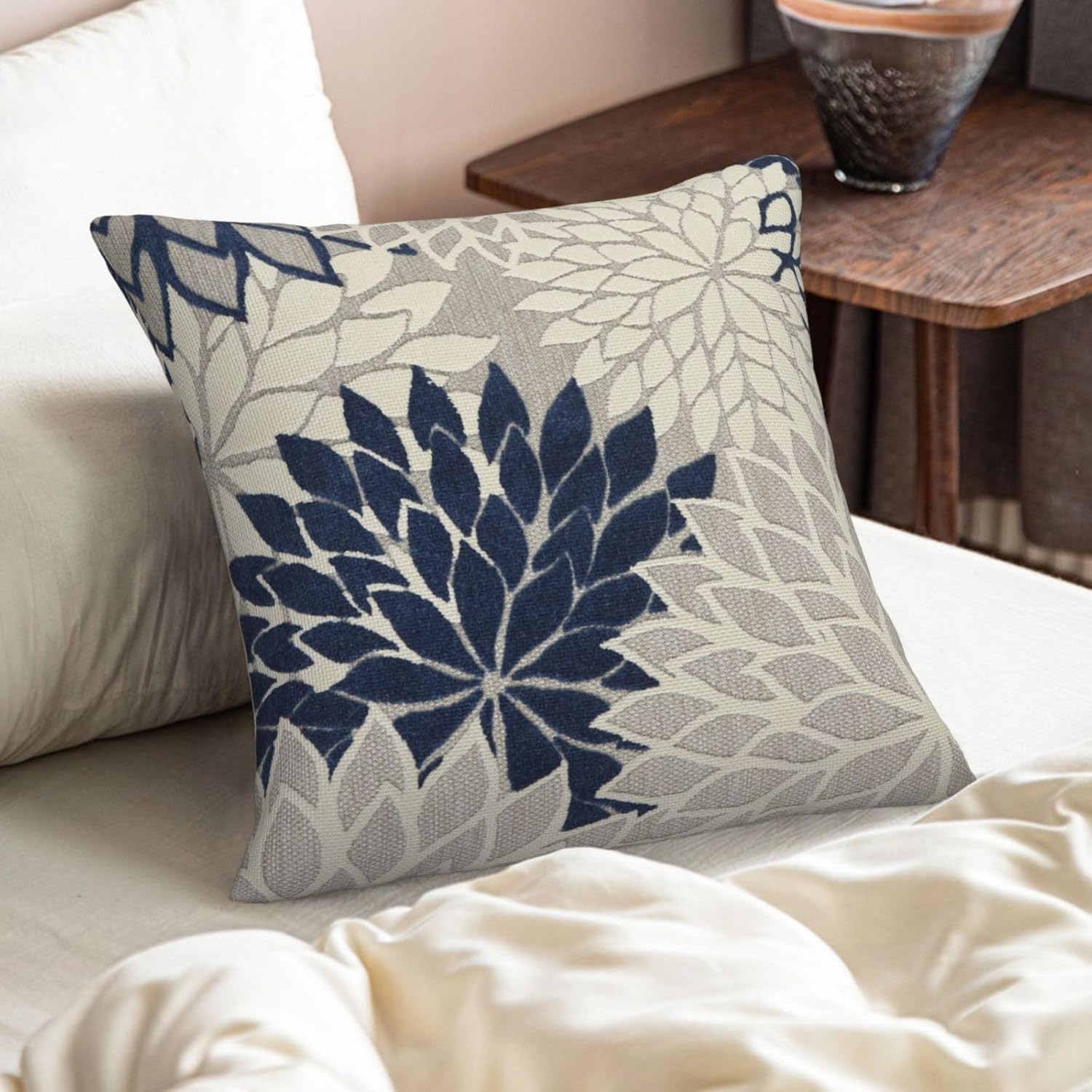 Navy Blue Pillow Covers 18x18 Inch Set of 2 Rustic Navy Blue White Dahlia Floral Decorative Throw Pillows Farmhouse Geometric Flower Decor Cushion Cover for Home Sofa Bedroom Outdoor - Image 3