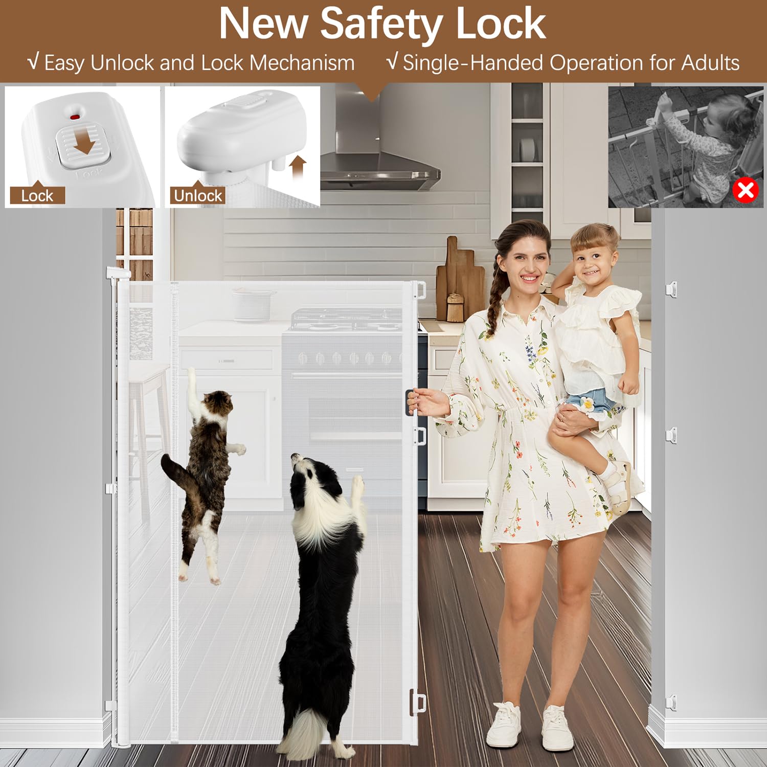 Reinforced 55 Extra Tall Cat Gate for Doorway - No Jumping Over/Crawling Under, Retractable Baby Gate for Cats Fits Openings up to 55 Wide, Retractable Dog Gate Indoor Tall Pet Gate for Stairs/White