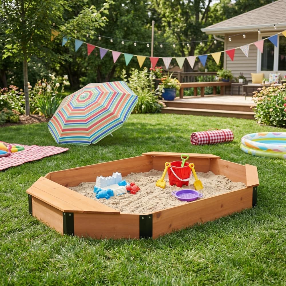 Octagon Sandbox with Storage for Kids, Solid Wood Sandpit with Cover and Liner for Backyard, Patio, Outdoor Play (Octagon Sandbox-Reddish Brown)