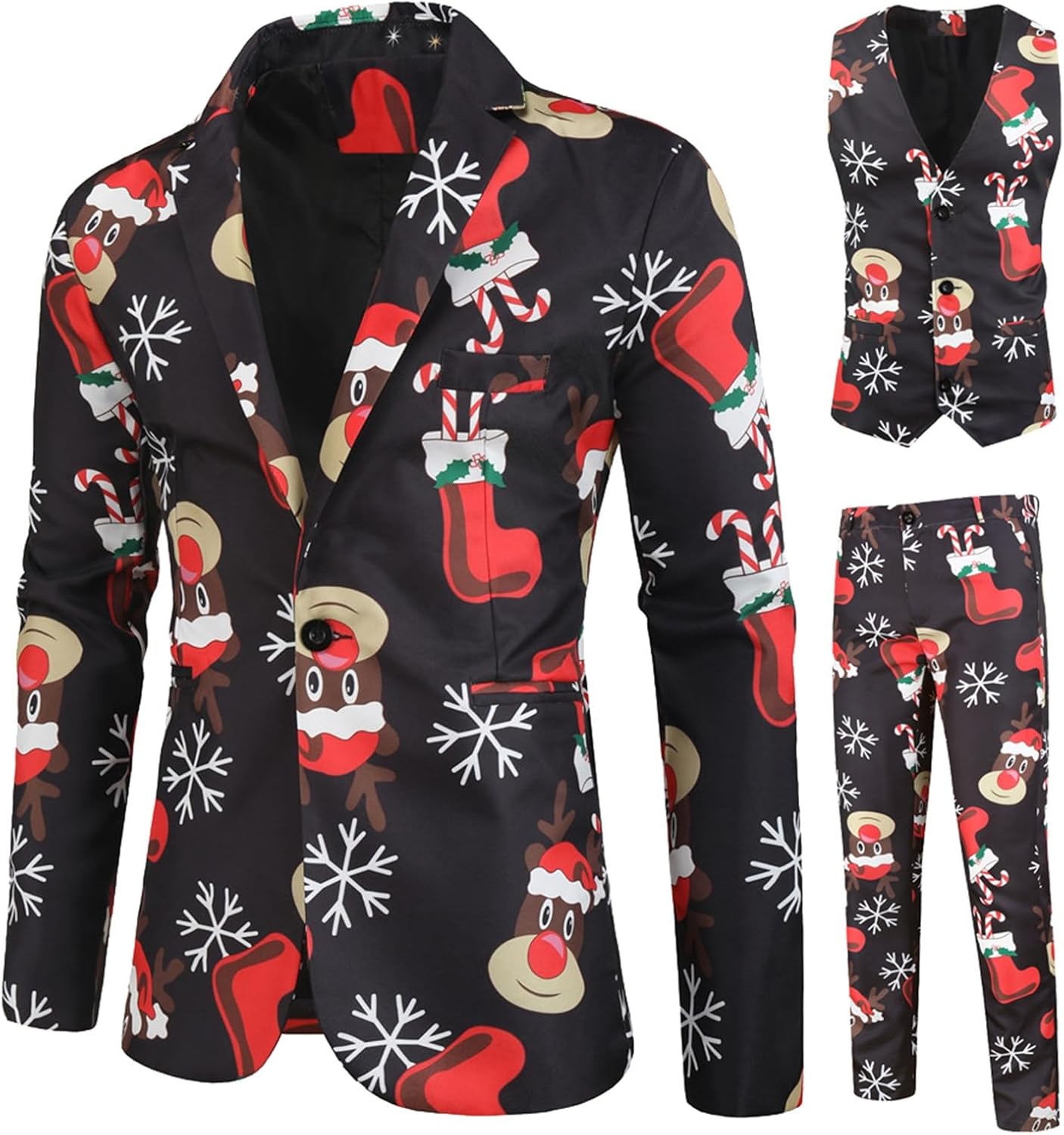 Mens Christmas 3-Piece Tuxedo Set Long Sleeve Prints Tux Jacket Vest Pants with Bow Tie Christmas Party Suits