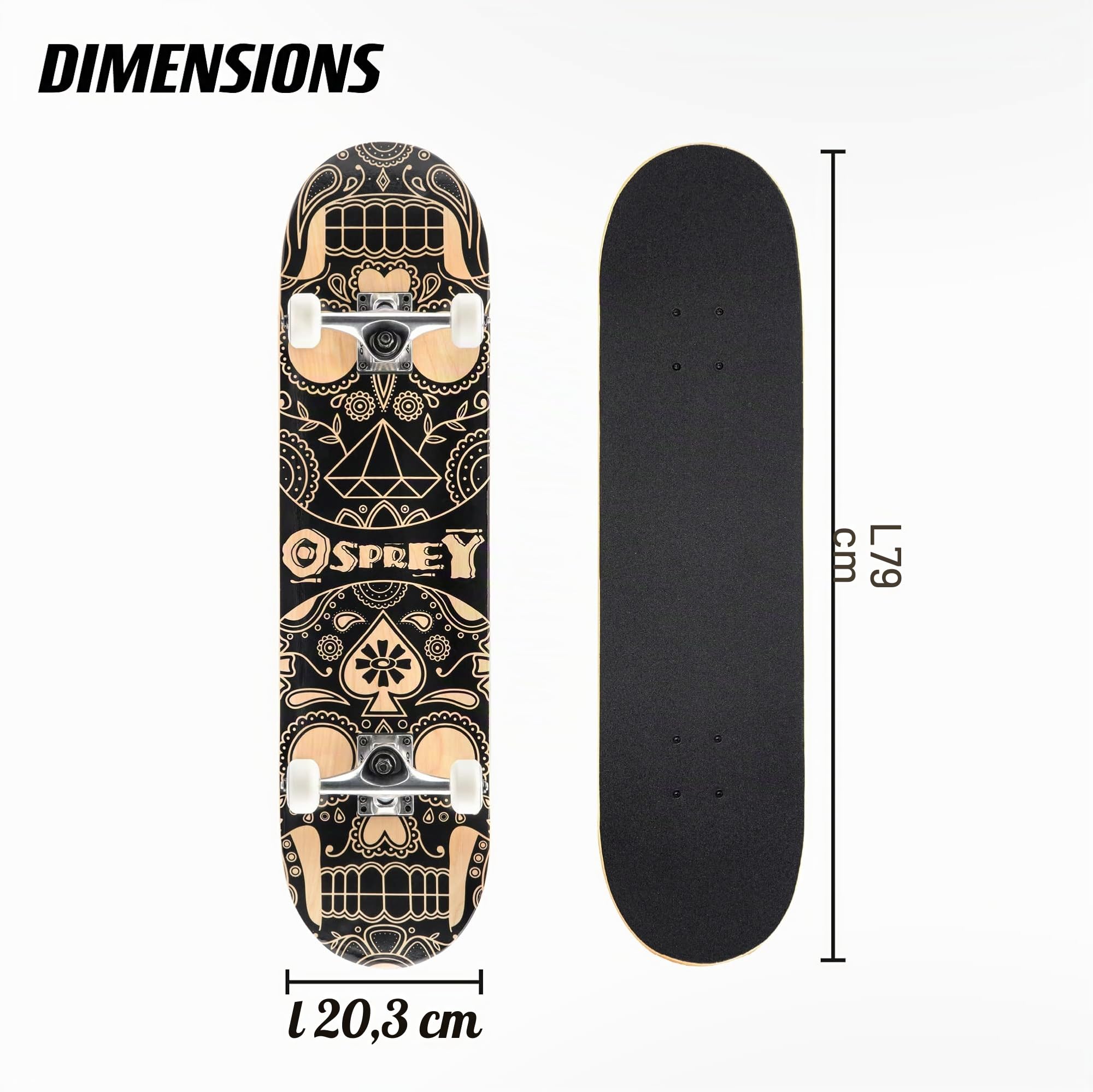 Skateboard Osprey complet débutants double kick trick, 31 x 8”, deck érable