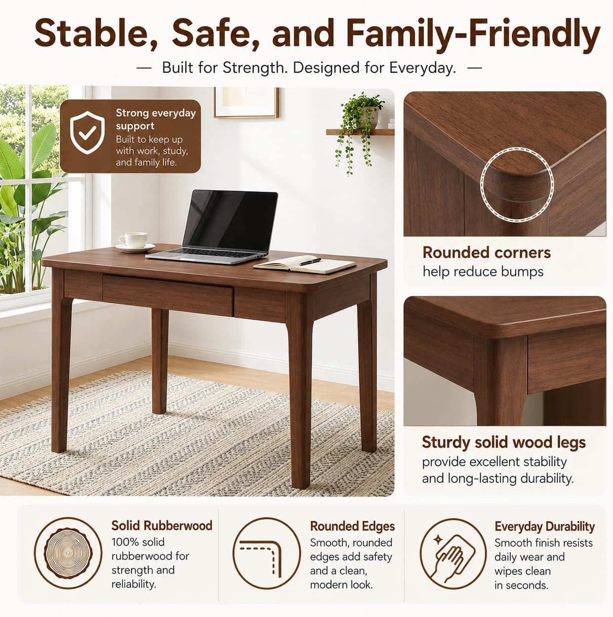 Solid Wood Desk,31" Writing Desk with Drawers,Small Computer Desk | Mid Century Modern Walnut Desk with Drawers for Small Spaces Home Office Solid Wood Writing Desk Easy Assembly