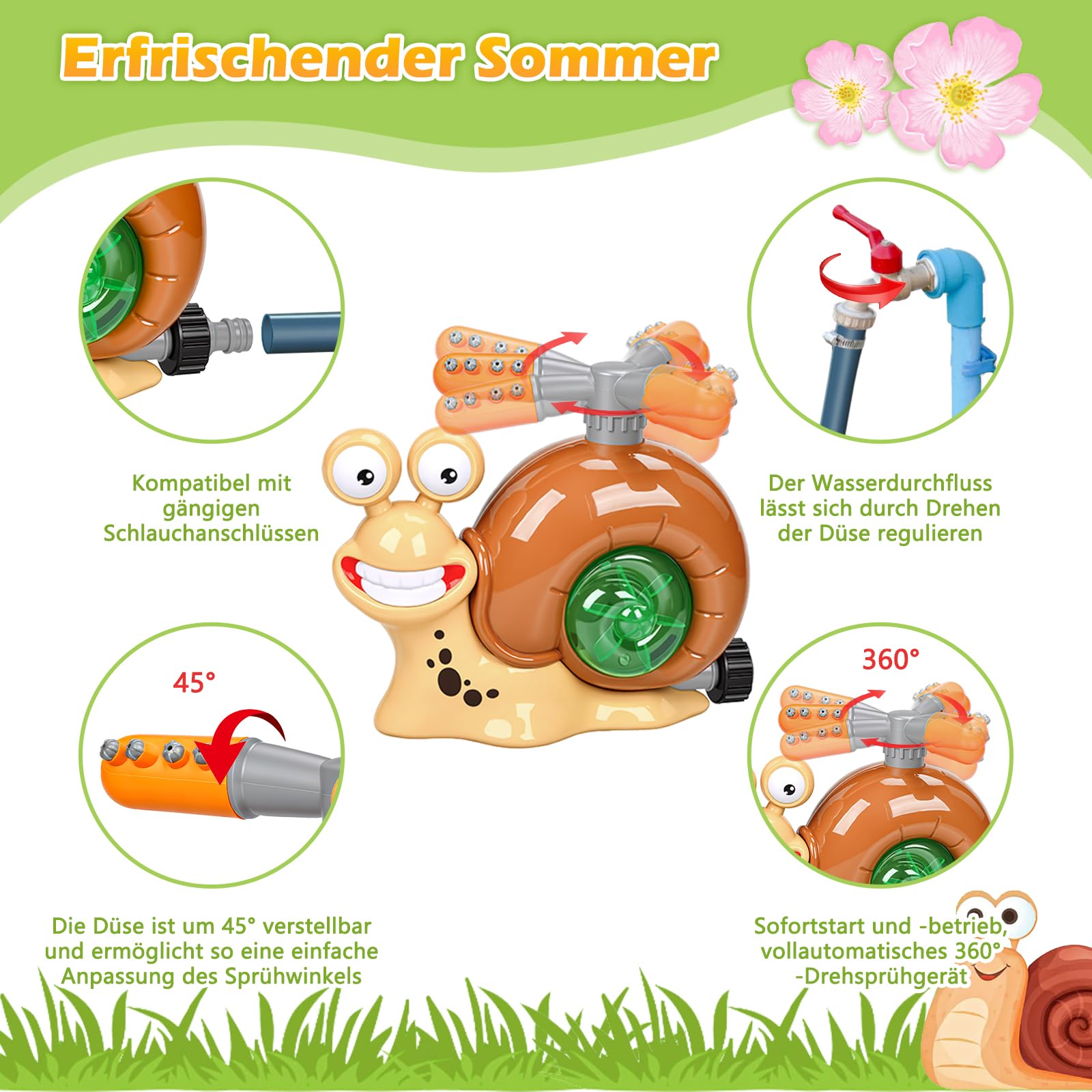 Wassersprinkler Kinder Outdoor 360° Rotierender Schnecken Rasensprenger mit Schlauchanschluss, Garten Sprinkler für Rasen, Pool und Außenbereich, Wasserspielzeug mit Zubehör
