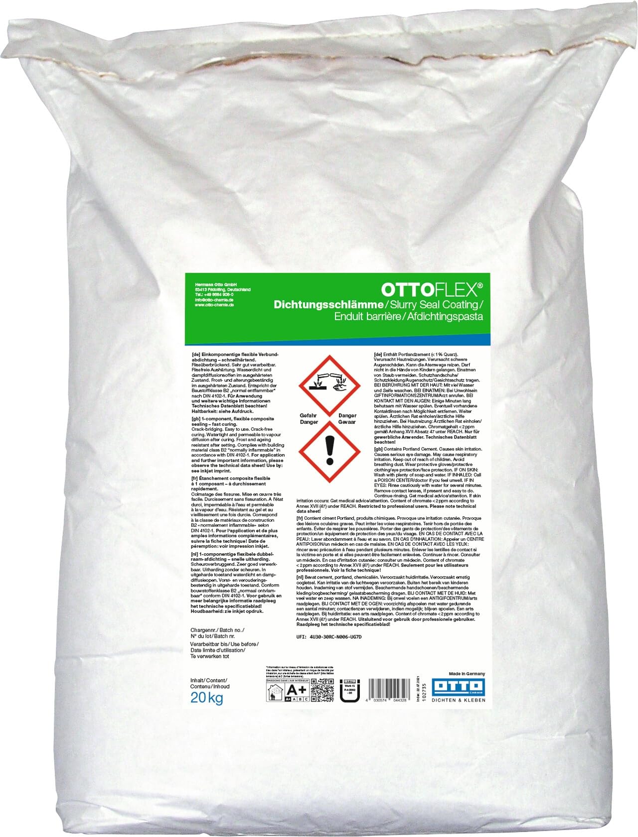 OTTOFLEX Dichtungsschlämme 20 kg Einkomponentige, Hoch kunststoffvergütete flexible mineralische Dichtungsschlämme (MDS)