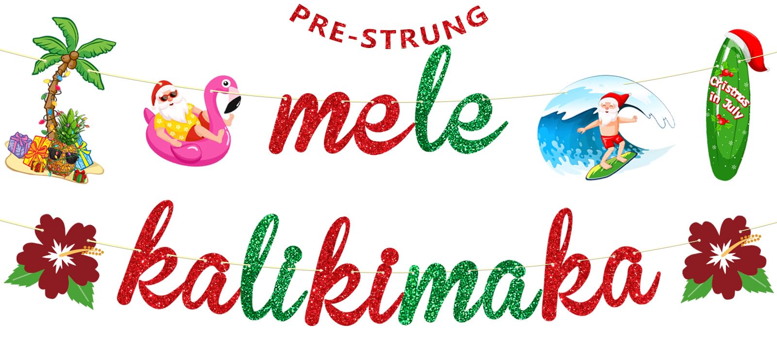Ushinemi Pre-Strung July Christmas Decorations NO DIY Glitter Banner for Mele Kalikimaka, July Christmas Party Decorations Hawaiian Tropical Xmas Party Supplies