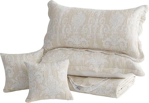 Miniatura 9 de Colcha extragrande tamaño King 138x122 extraancha, diseño de patrón damasco matelasse de jacquard, ligera, reversible, 5 piezas, 100% microfibra,