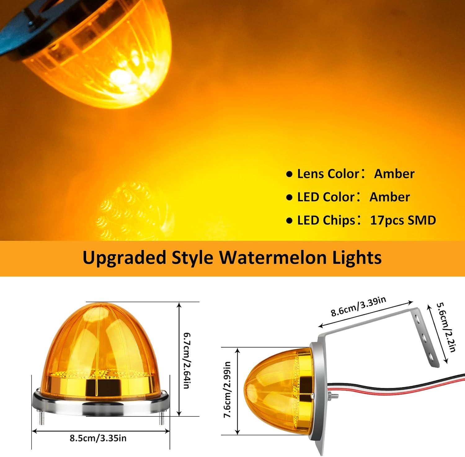 D-Lumina LED Watermelon Lights with Stainless Steer Bracket for Kenworth Peterbilt Freightliner, Semi Trucks Trailers Turn Signal Marker Replacement Amber Lens Amber Bezel Marker Lights, Pack of 2