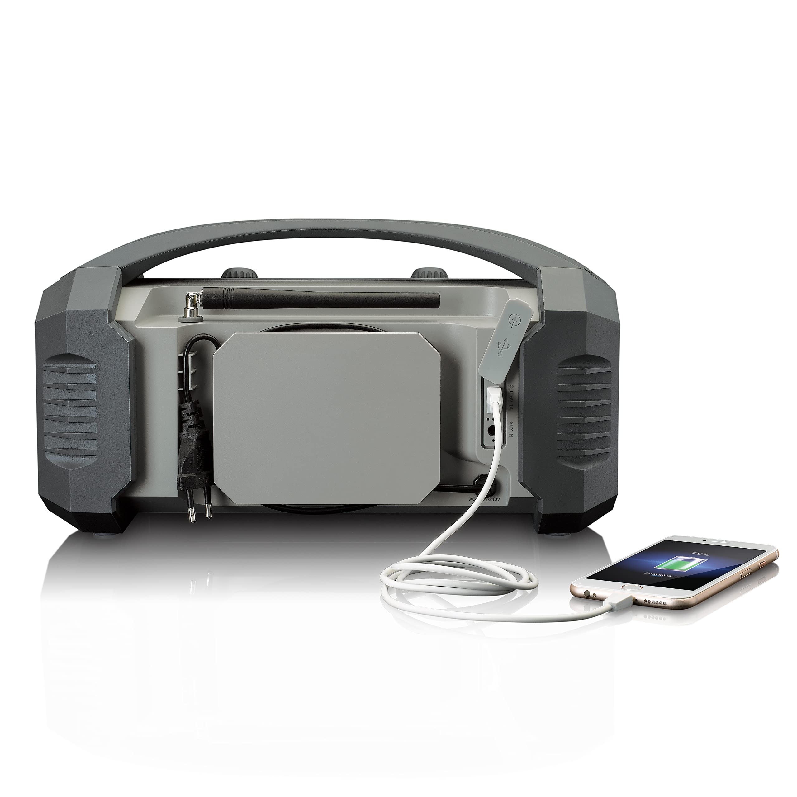Lenco ODR-150 Radio de Chantier Dab+ - Bluetooth 5.0, récepteur FM IP54, étanche - 15 W -Batterie RMS - avec Chargeur - AUX-in - USB - 2500 mAh - Gris