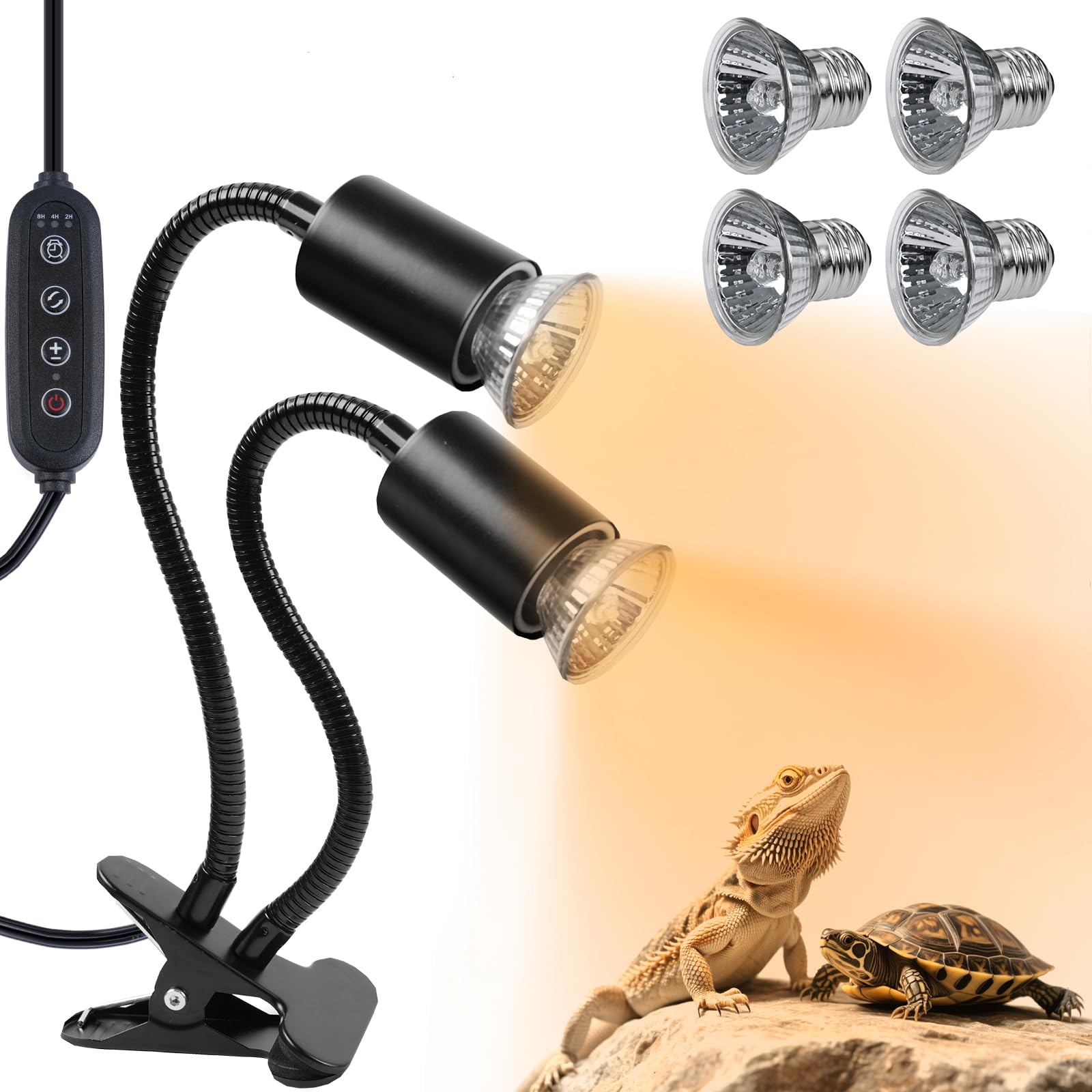 LUCKY HERP Reptile Heat Lamp, Dual Head UVA UVB Reptile Light with Cycle Timer, 360°Rotatable Dimmable Aquarium Turtle Tank Basking Light with 4 Bulbs (2PCS 25W and 2PCS 50W)