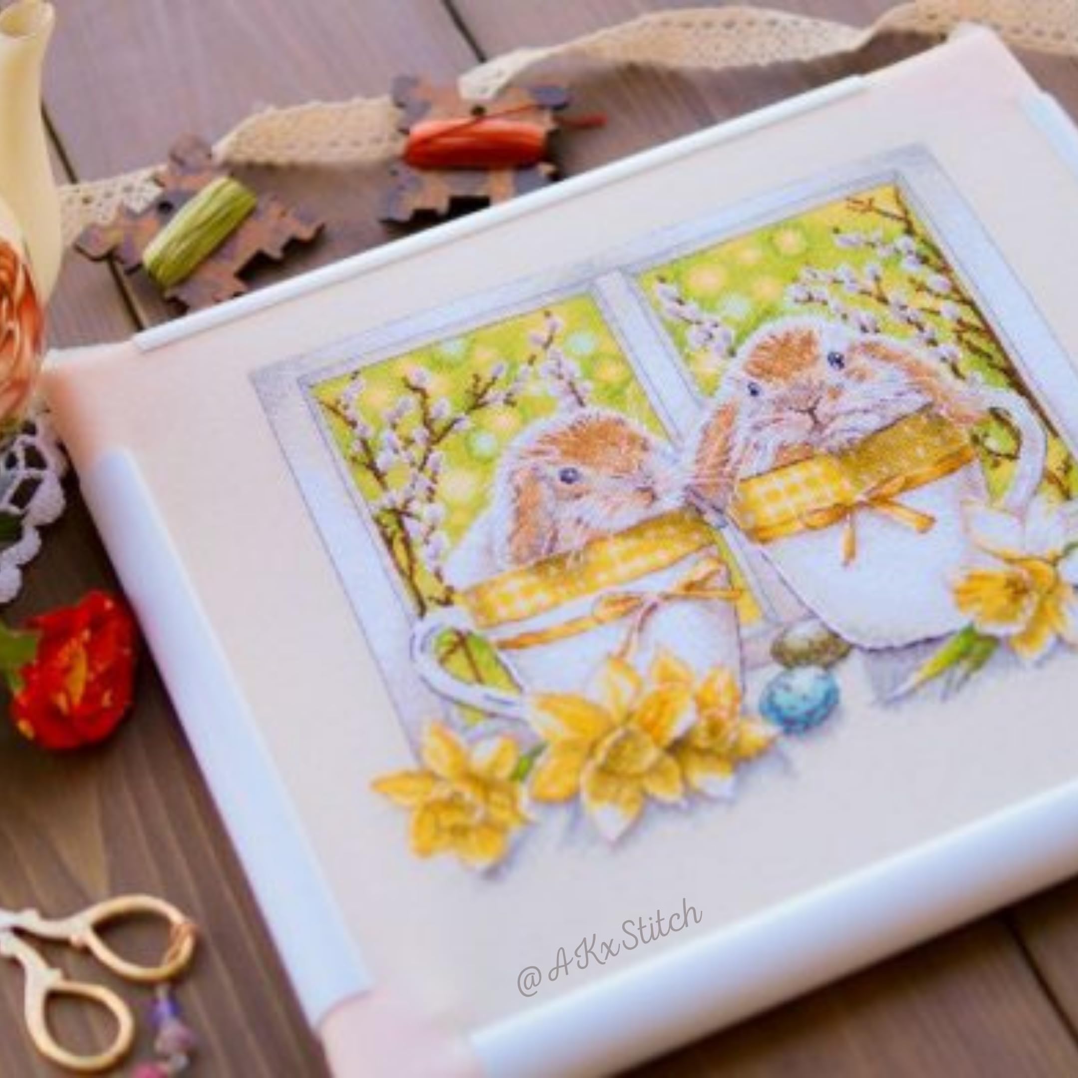 Kit de punto de cruz, diseño de conejito de Pascua en taza, gráfico PDF, patrón de bordado floral amarillo con huevo de Pascua, narciso, gráfico grande, hilo DMC y Aida
