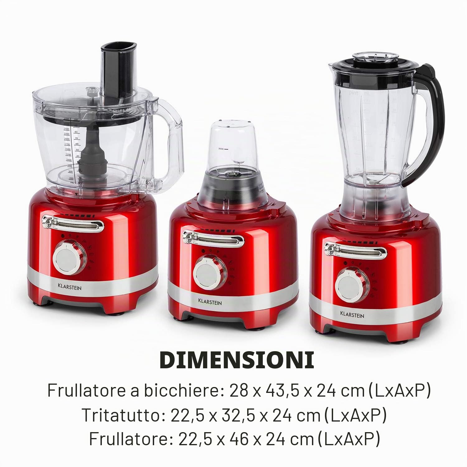 Klarstein Luca - Mixer Multifunzione, Food Processor, 1000 Watt, Regolazione Libera, 6 Modalità, Senza BPA, 3 L, Misurino da 3 l, Spatola, Rosso
