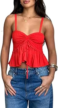 Women's Sexy Spaghetti Strap Crop Tops Solid Ruffle Ruched Cami