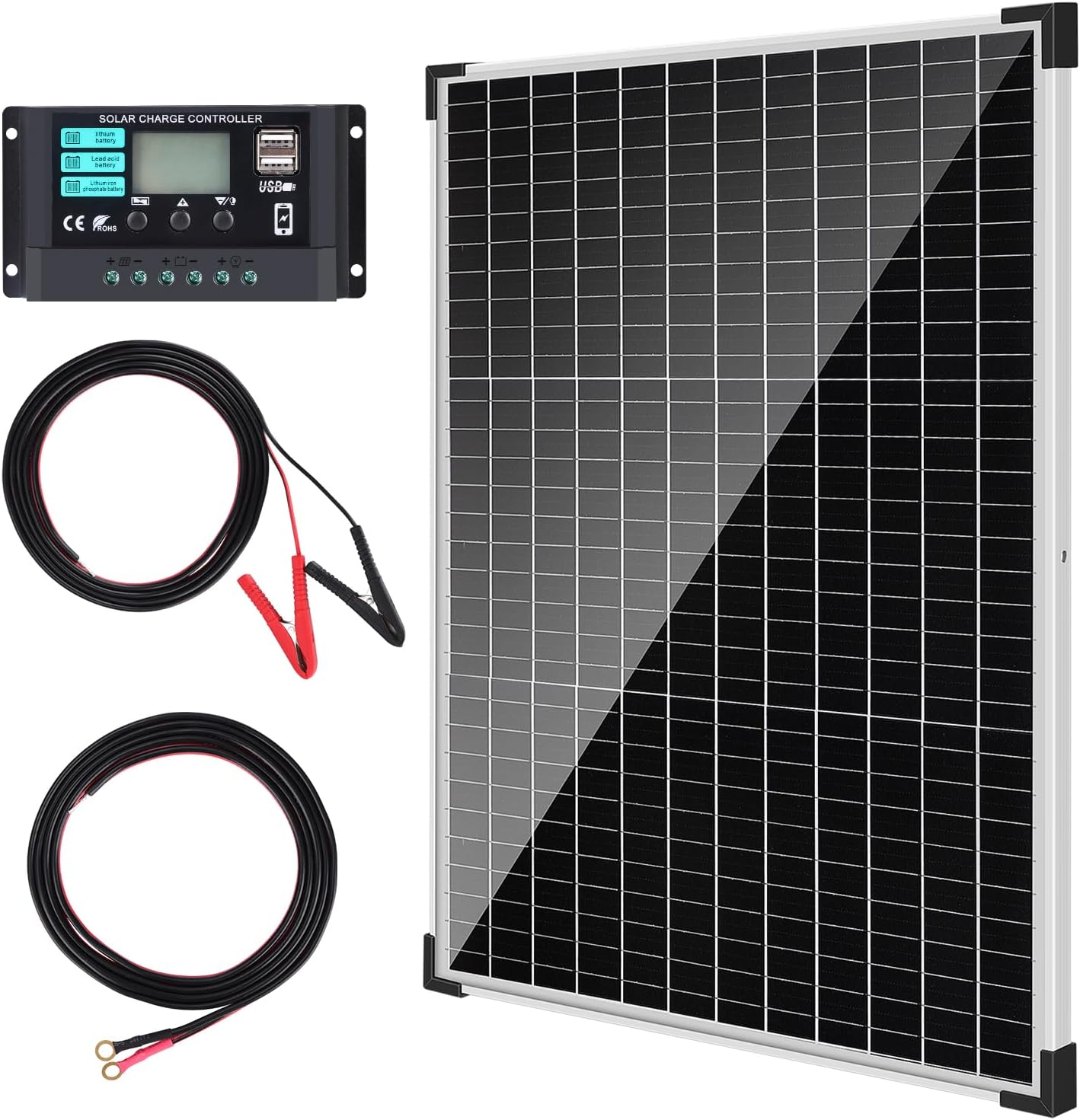 TBER 50W/12V Photo voltaic Panel Package with 10A Cost Controller, Monocrystalline Photo voltaic Battery Trickle Charger Maintainer for Automotive Motorbike Boat Marine RV Tenting RV Farm Different Off-Grid Purposes