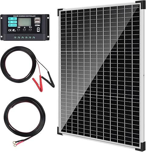 TBER Kit de panel solar de 50 W12 V con controlador de carga de 10 A, cargador de batería solar monocristalino para automóvil, motocicleta, barco,